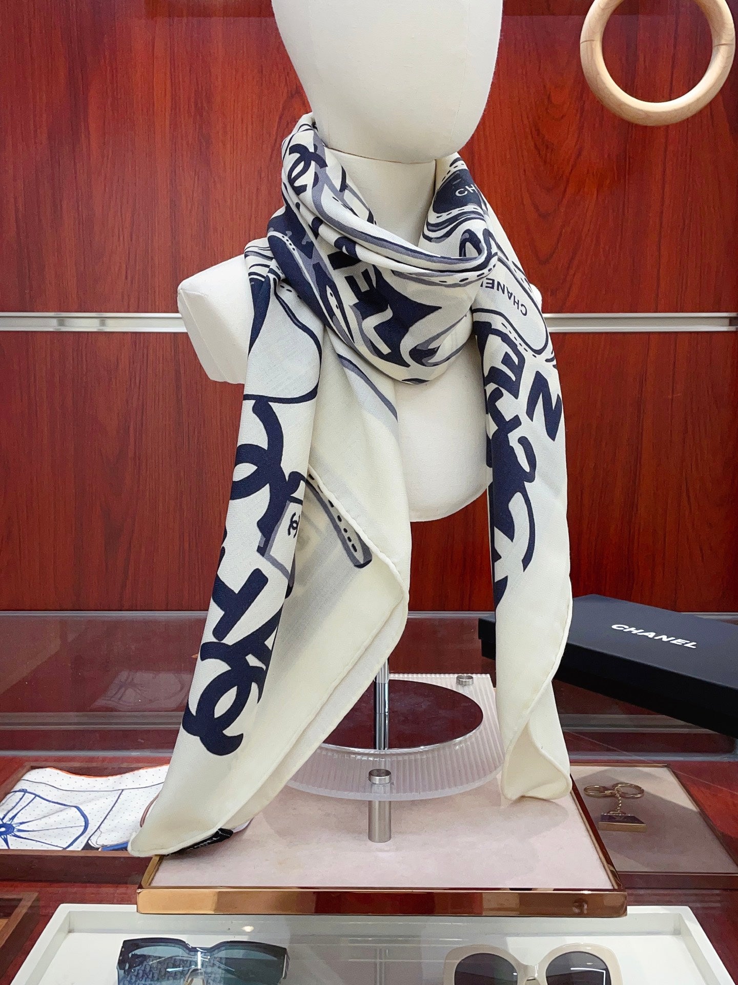 CC Double-Sided Scarf 140cm Navy White Silk Cashmere 150385