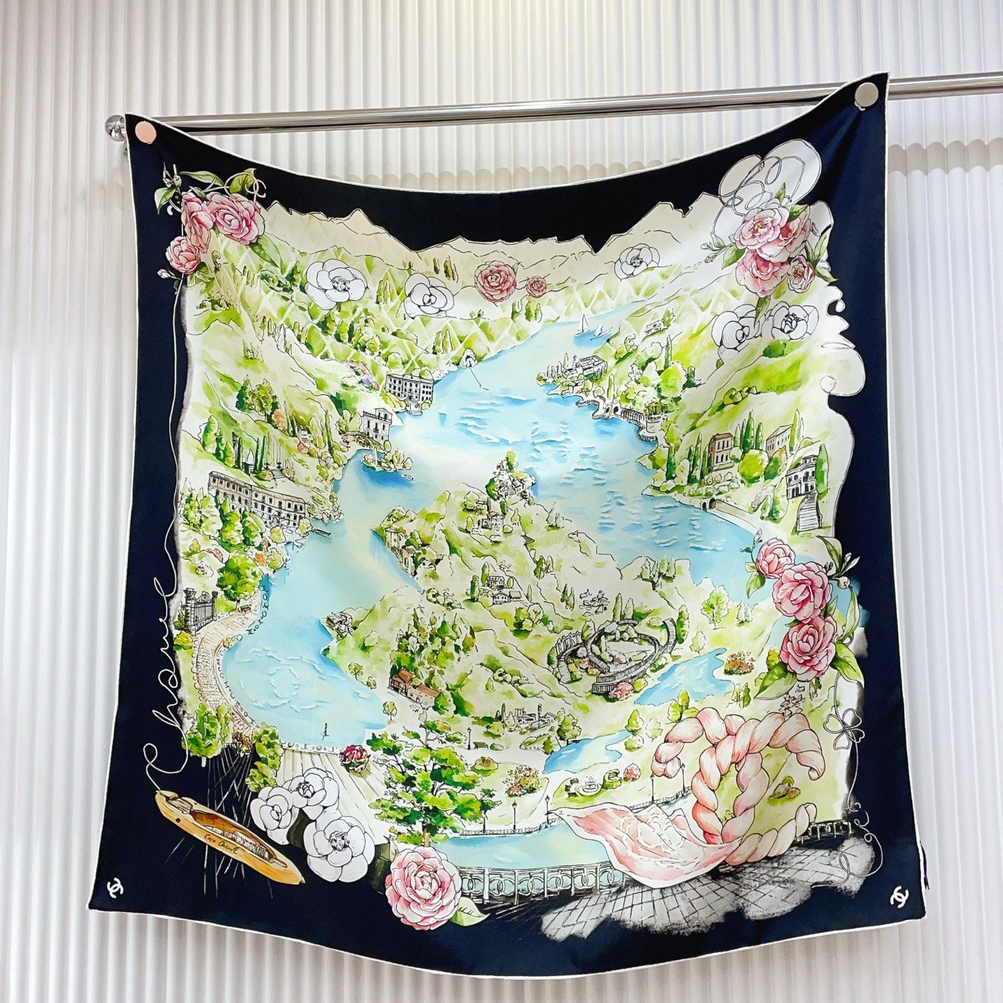 Chanel Square Scarf 90cm Navy Blue Multicolor Twill Silk 136607
