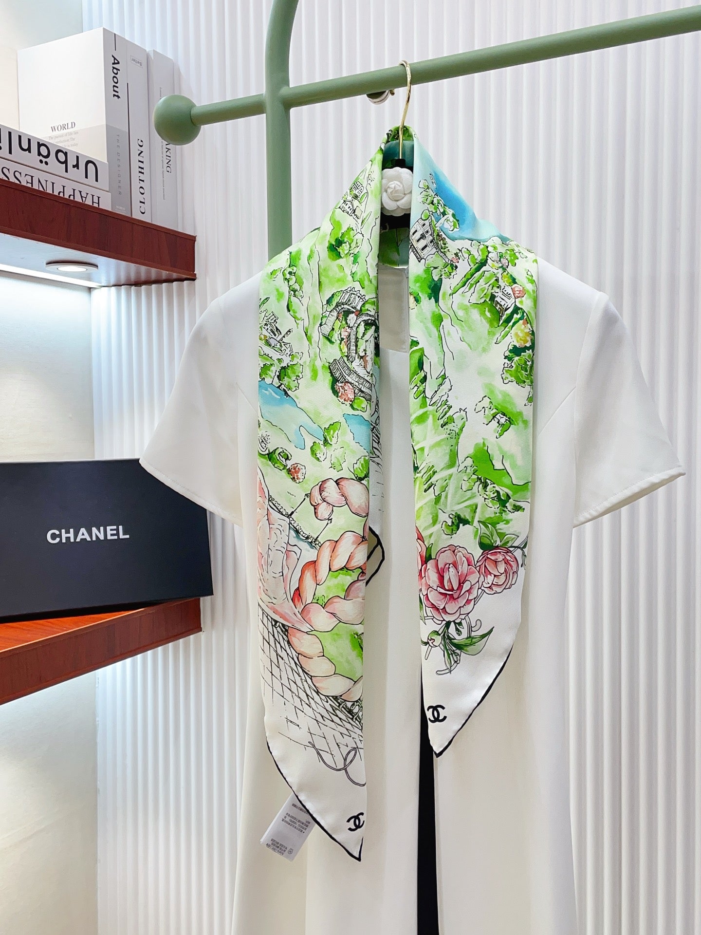 Chanel Square Scarf 90cm White Green Pastel Multicolor Twill Silk 136608