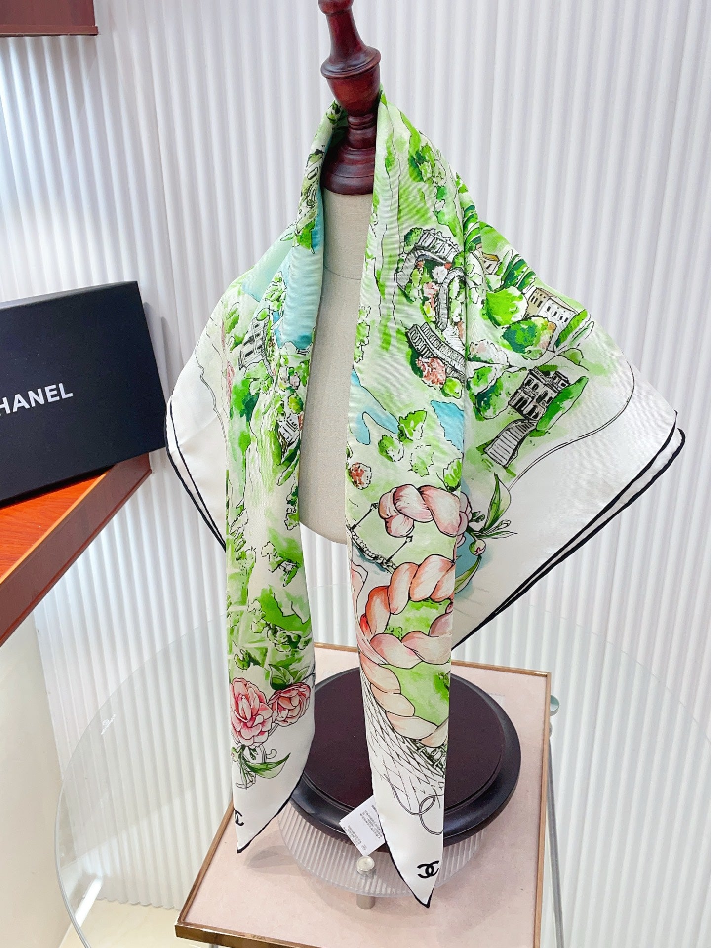 Chanel Square Scarf 90cm White Green Pastel Multicolor Twill Silk 136608