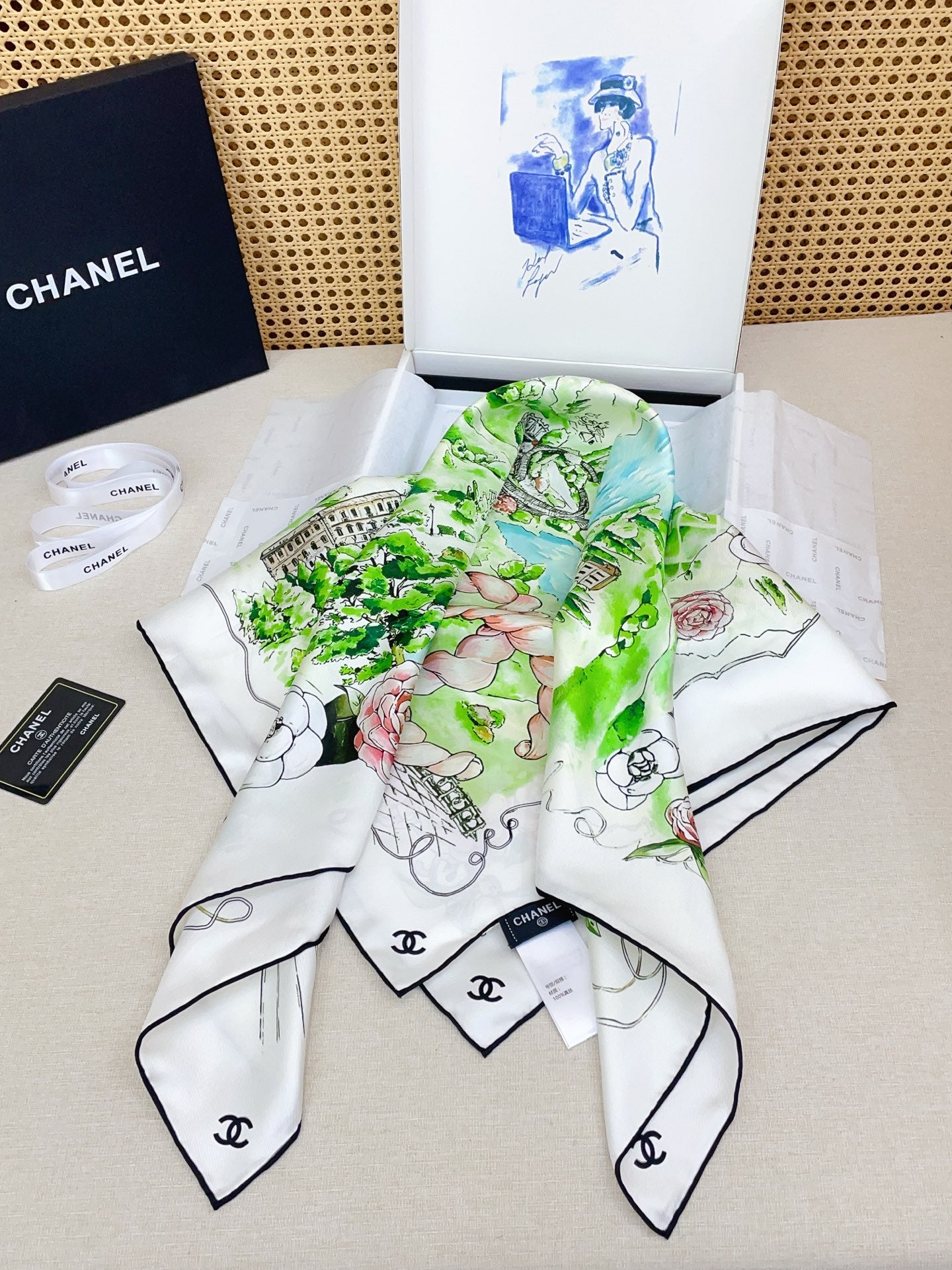 Chanel Square Scarf 90cm White Green Pastel Multicolor Twill Silk 136608