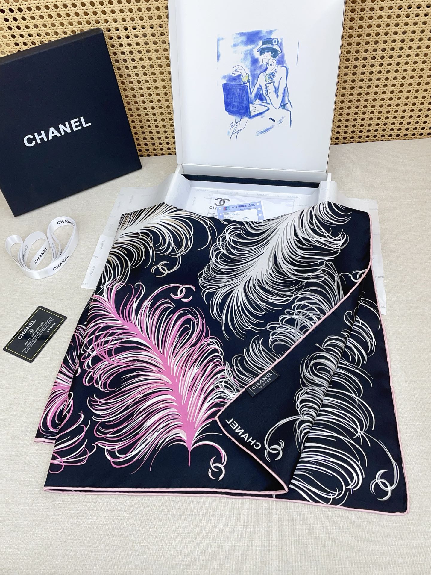 CC Double-Sided Scarf 90cm Black White Pink Feathers Logo Twill Silk 150370