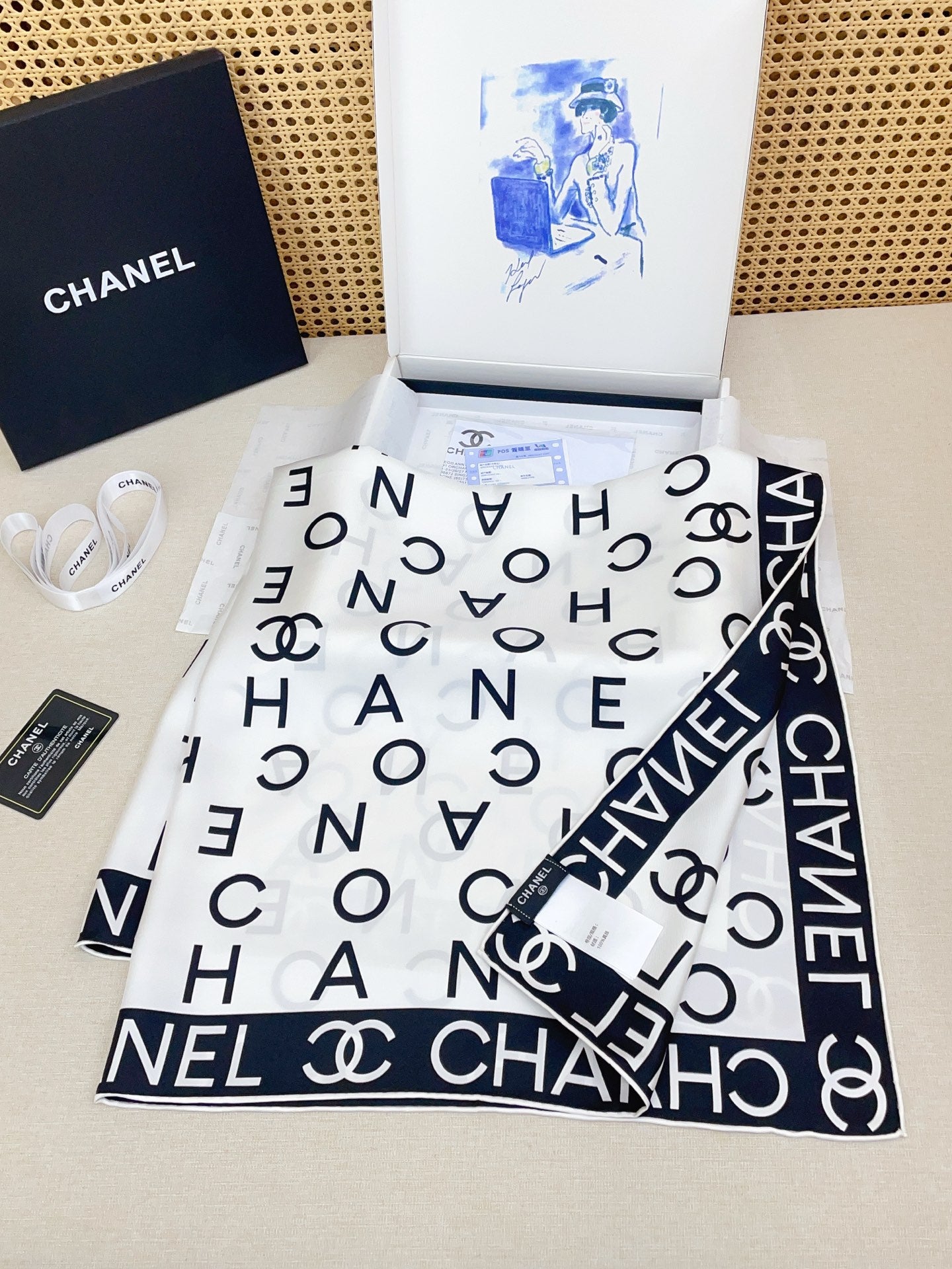 CC Double-Sided Scarf 90cm White Twill Silk 150372