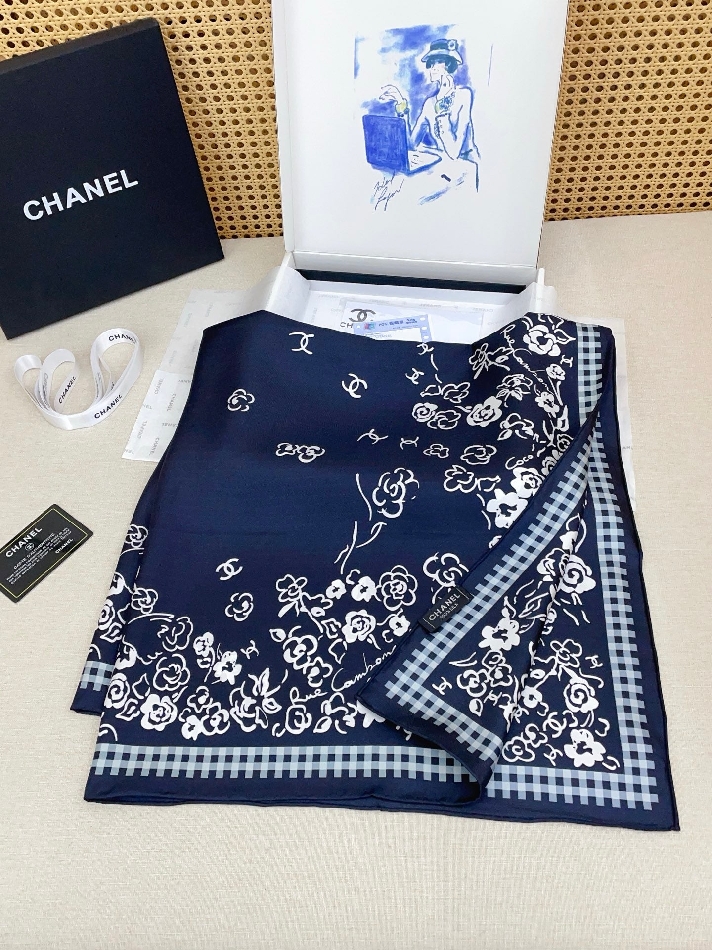 CC Double-Sided Scarf 90cm Navy Blue Silk Cashmere 150373