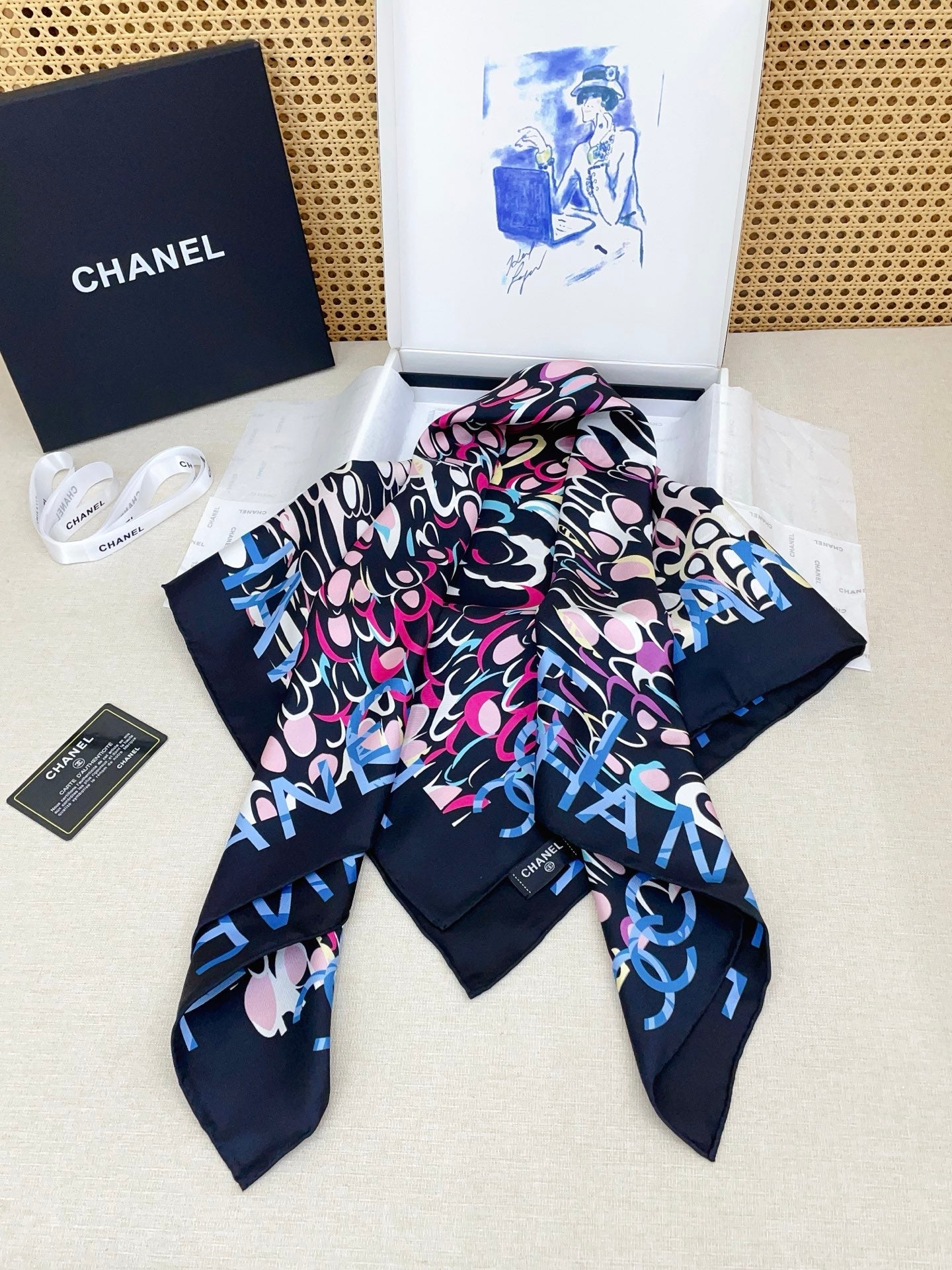 CC Scarf 90x90cm Black Colorful Silk Twill 209923