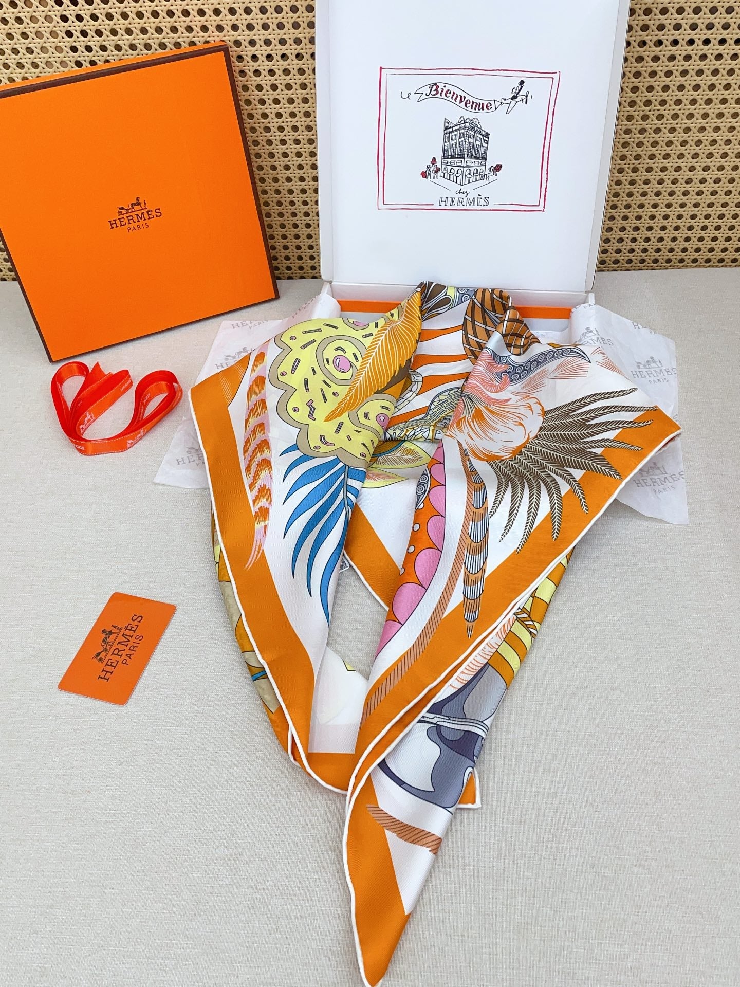 HM Cheval Masque Scarf 90x90 Orange Colorful Twill Silk 215226