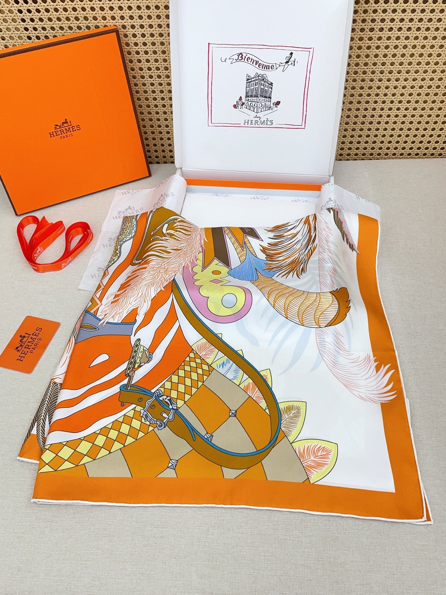 HM Cheval Masque Scarf 90x90 Orange Colorful Twill Silk 215226