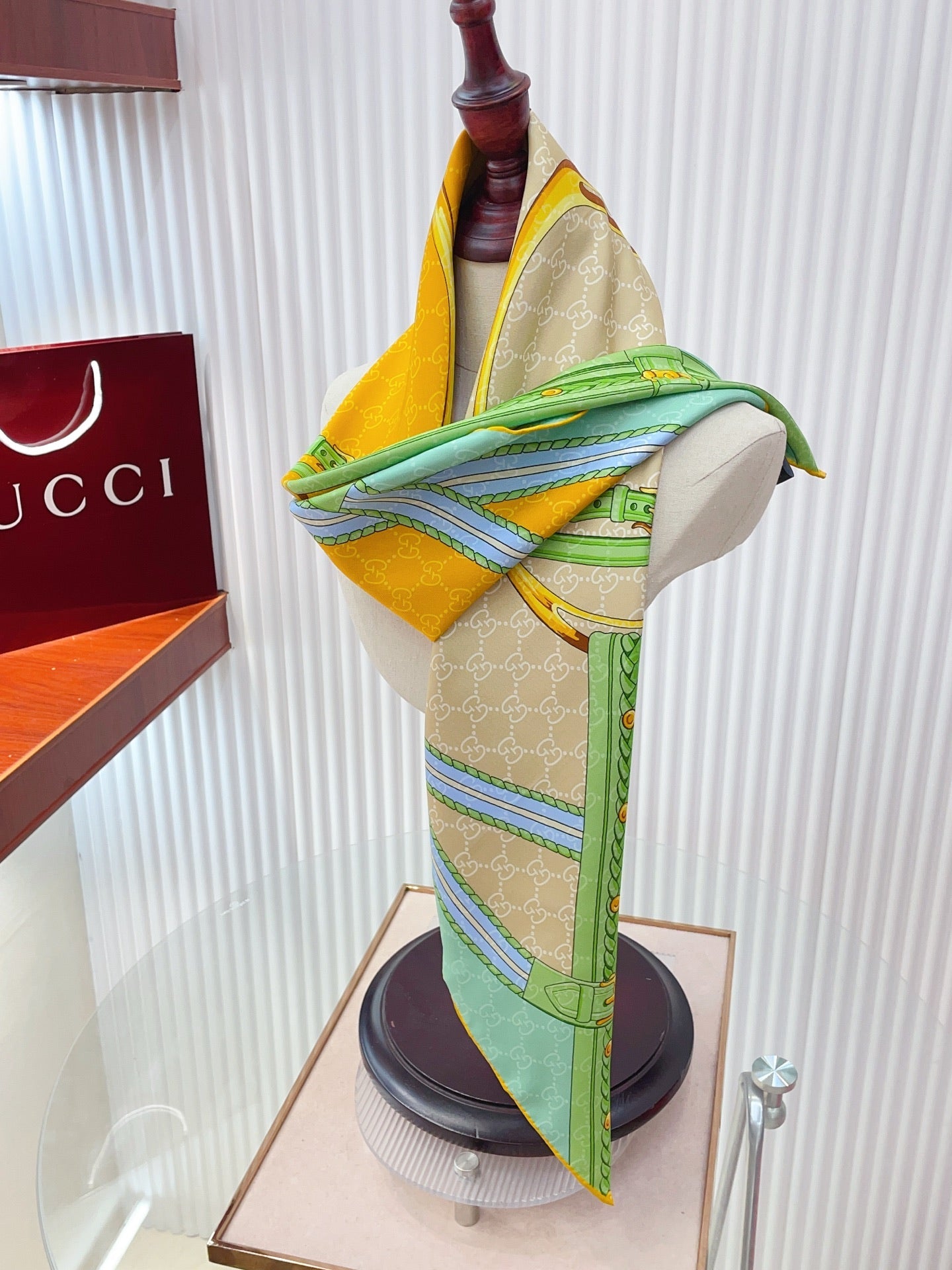 GG Jacquard Carré Scarf 90x90cm Green Yellow Colorful Silk Twill 223481
