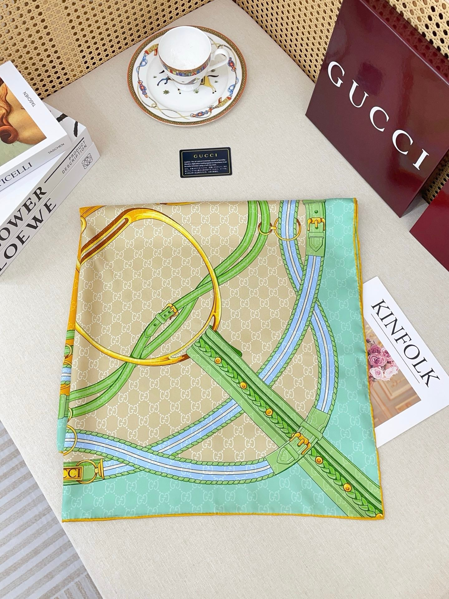 GG Jacquard Carré Scarf 90x90cm Green Yellow Colorful Silk Twill 223481