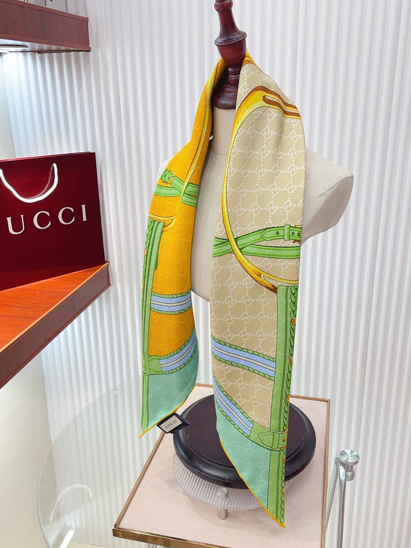 GG Jacquard Carré Scarf 90x90cm Green Yellow Colorful Silk Twill 223481