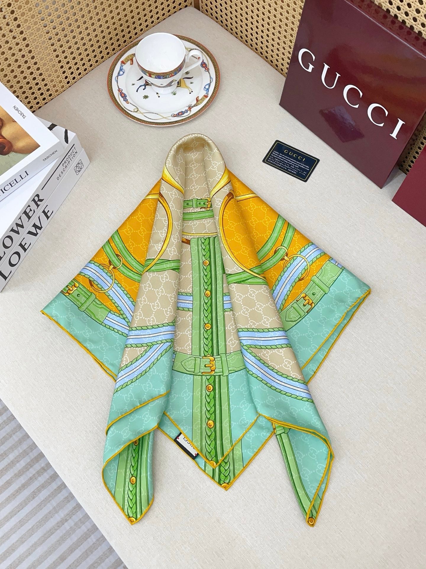 GG Jacquard Carré Scarf 90x90cm Green Yellow Colorful Silk Twill 223481