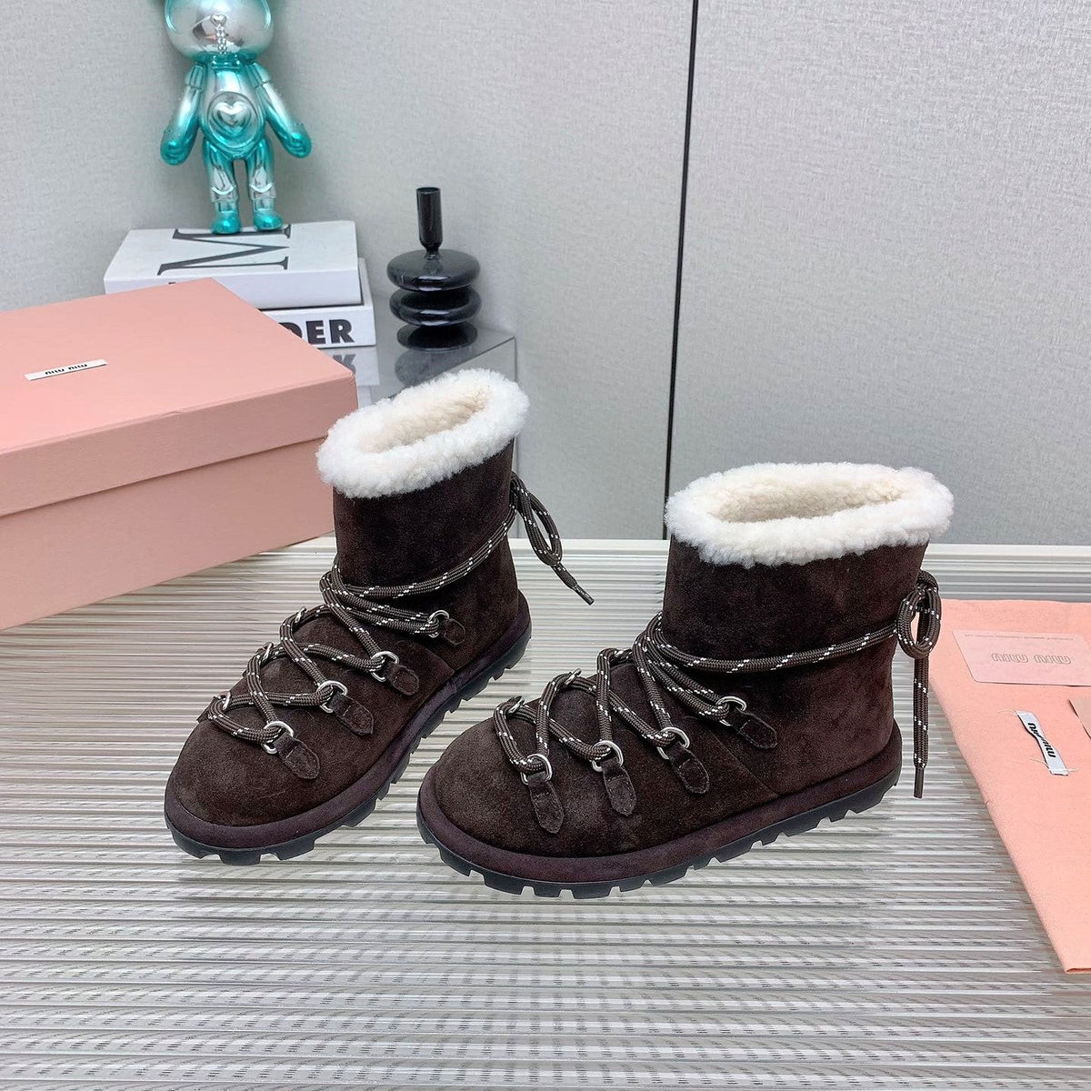Miu 26s Suede Shearling Snow Boots Brown 160280