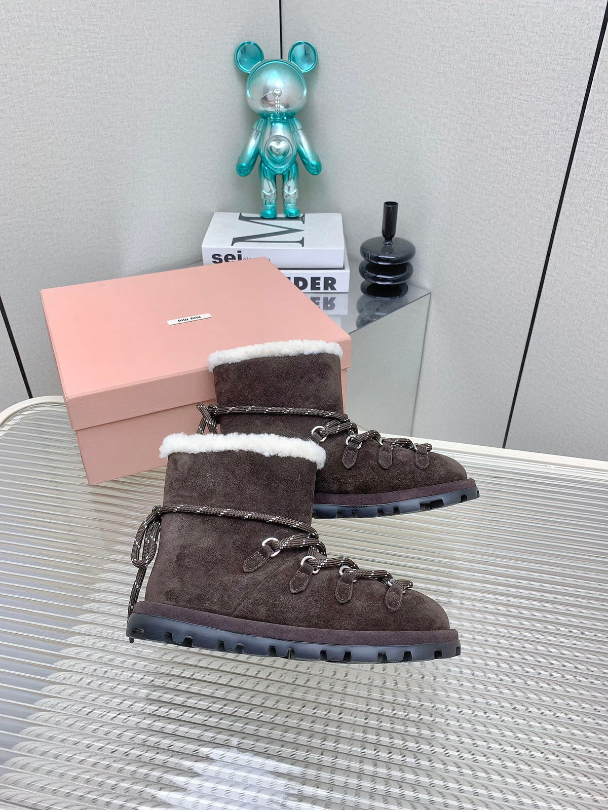 Miu 26s Suede Shearling Snow Boots Brown 160280