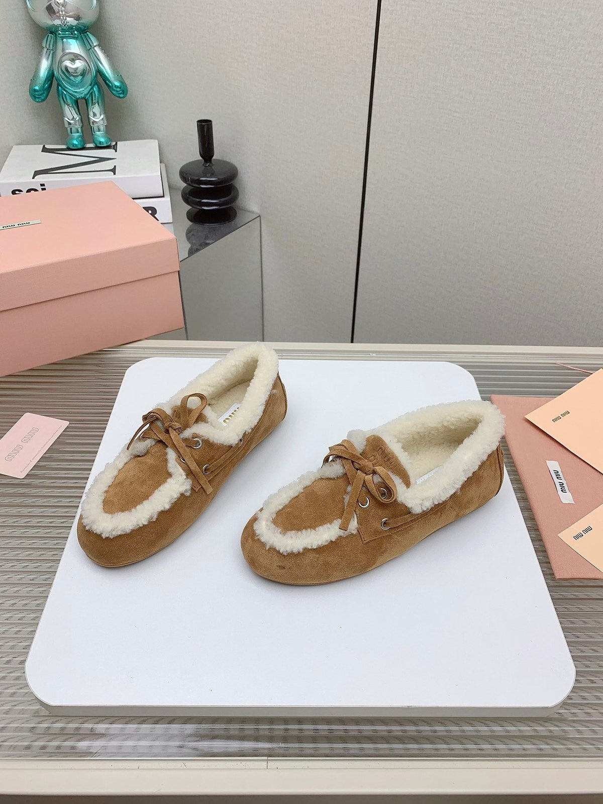 Miu 26s Suede Shearling Moccasin Loafers Tan 160281
