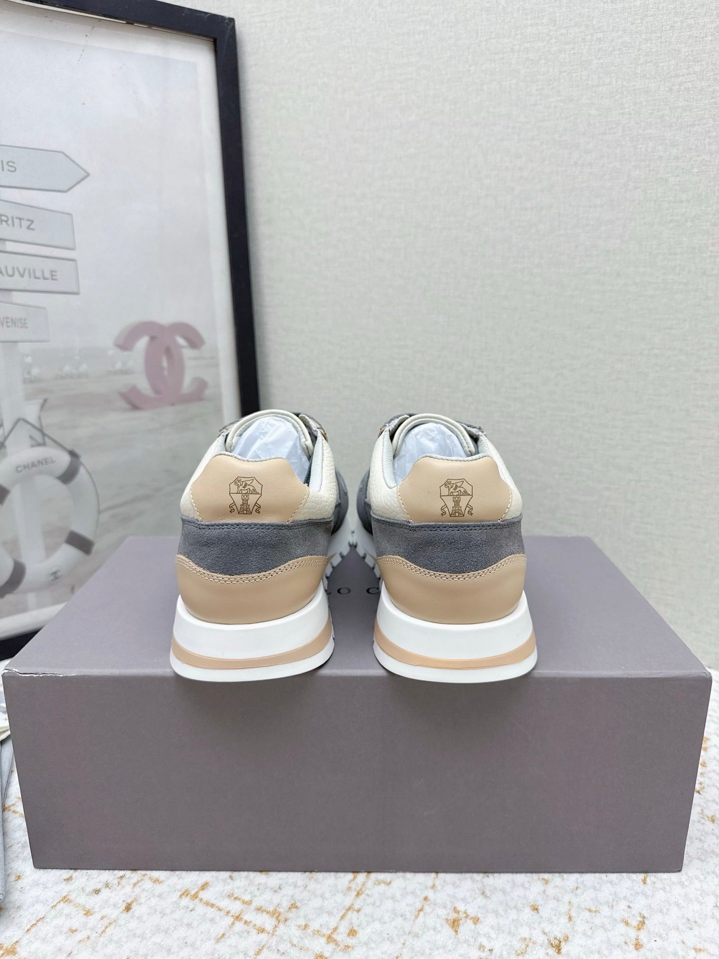 Brunello Panelled Sneakers Ivory Dark Grey Grain Leather Suede 625362