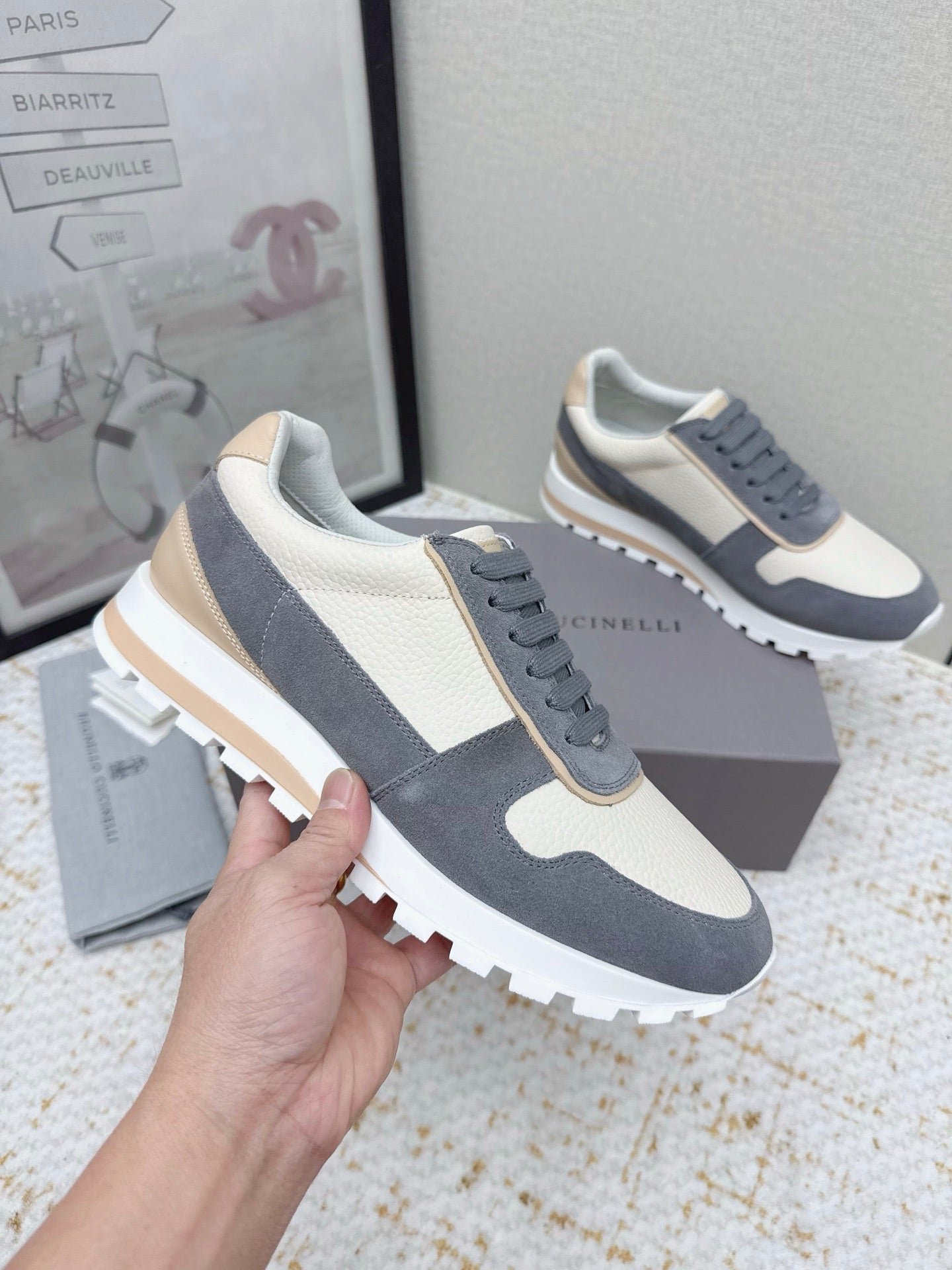 Brunello Panelled Sneakers Ivory Dark Grey Grain Leather Suede 625362