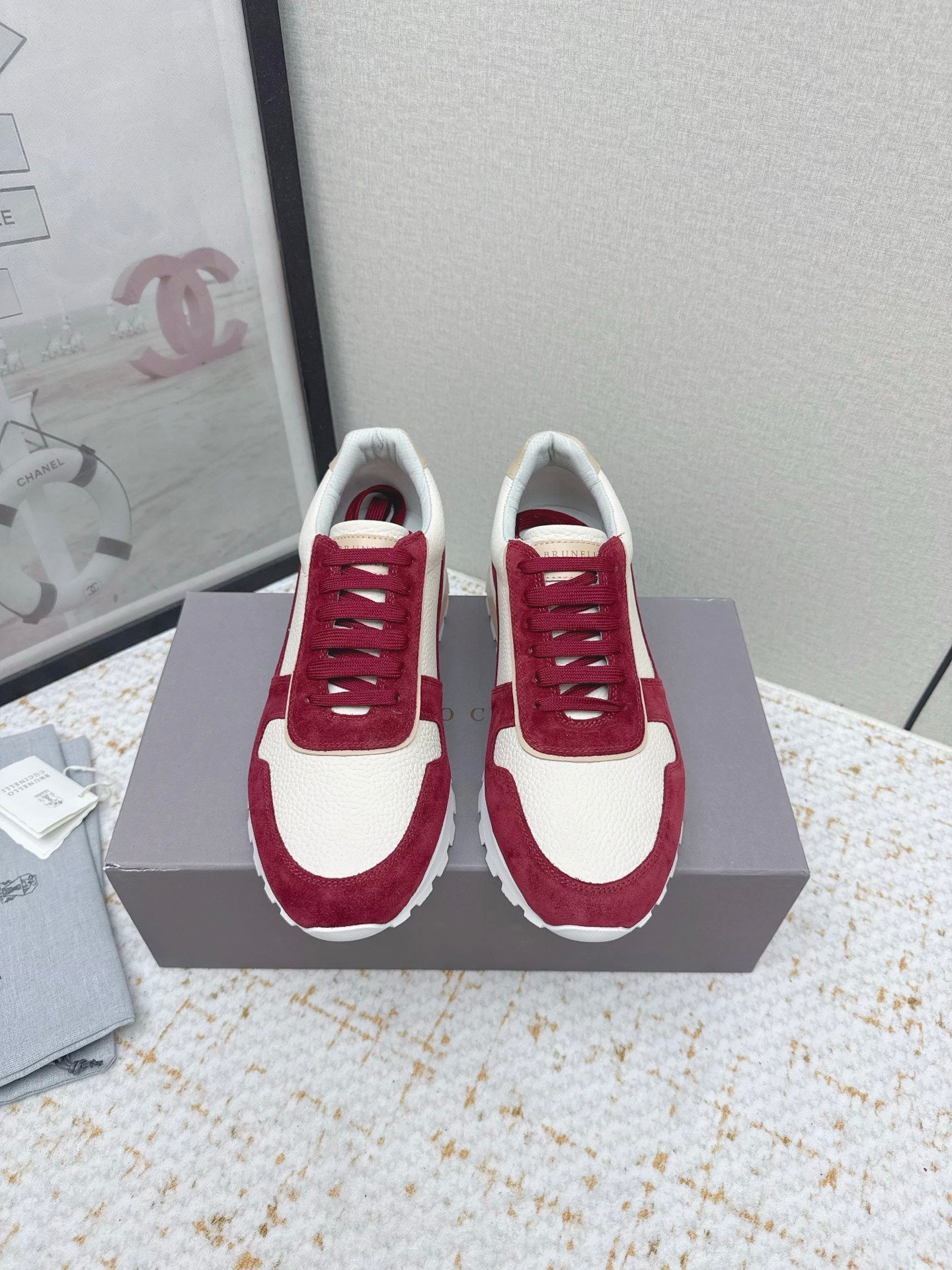 Brunello Panelled Sneakers Ivory Burgundy Grain Leather Suede 625364