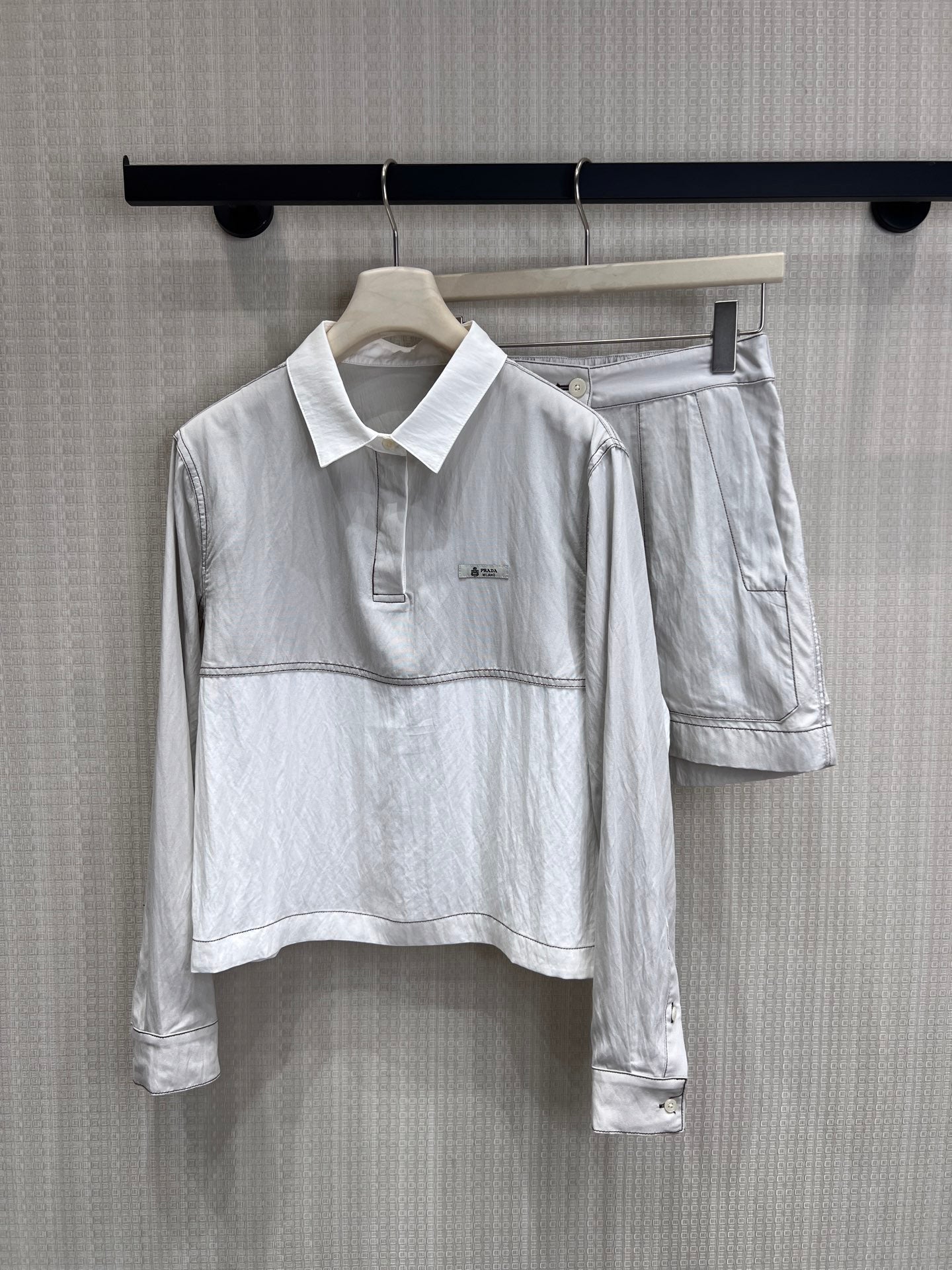Prada Chambray Jersey Polo Shirt White Grey Cotton