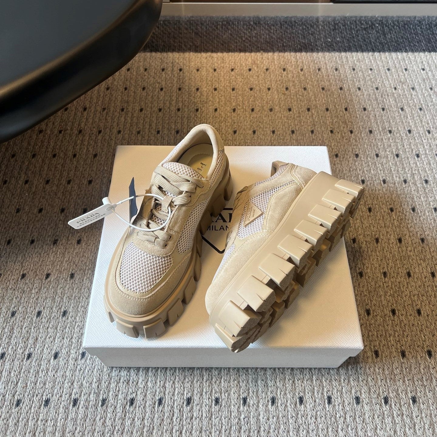 Prada 26s Monolith Sneakers Khaki Suede Mesh Fabric 971699