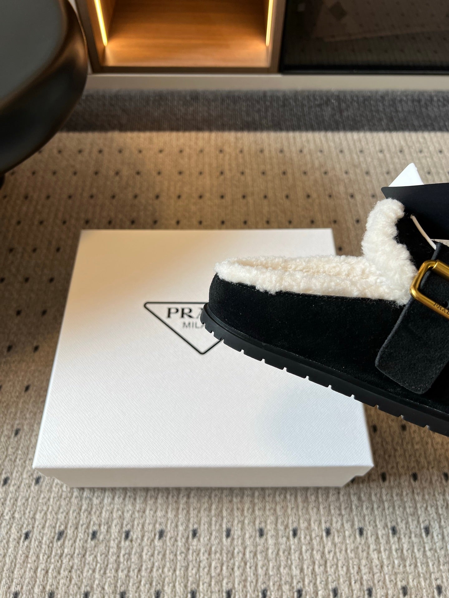 Prada 26s Clogs Black Suede Shearling 971695