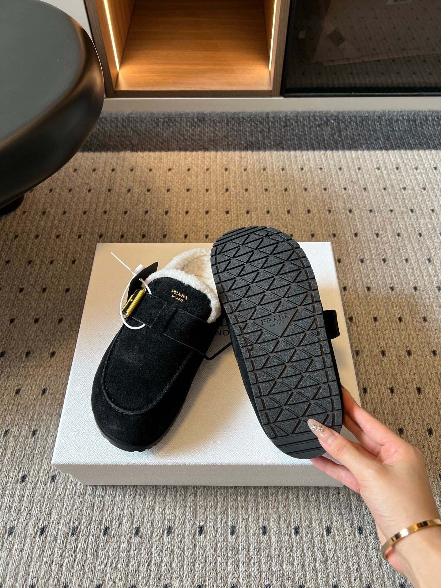 Prada 26s Clogs Black Suede Shearling 971695