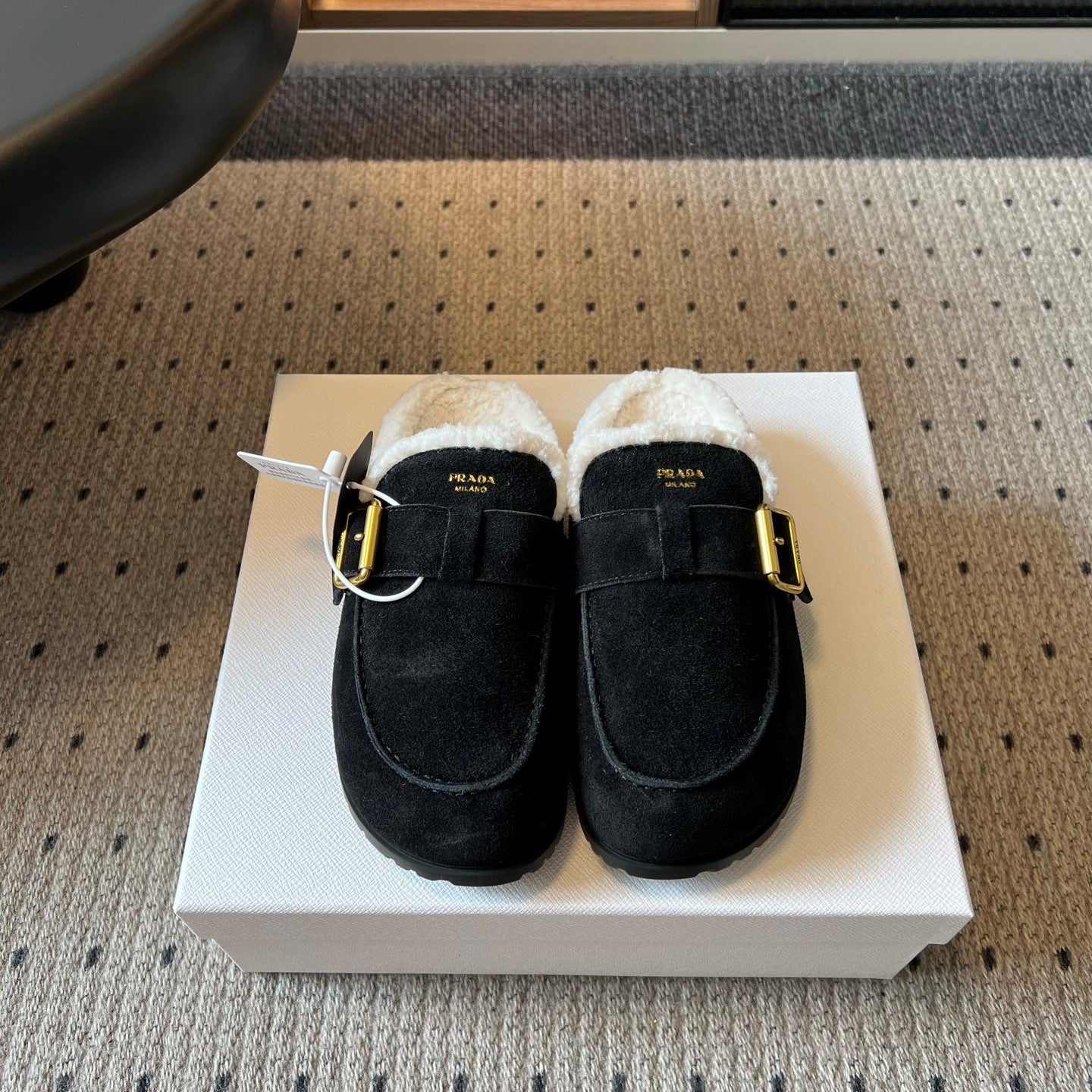 Prada 26s Clogs Black Suede Shearling 971695