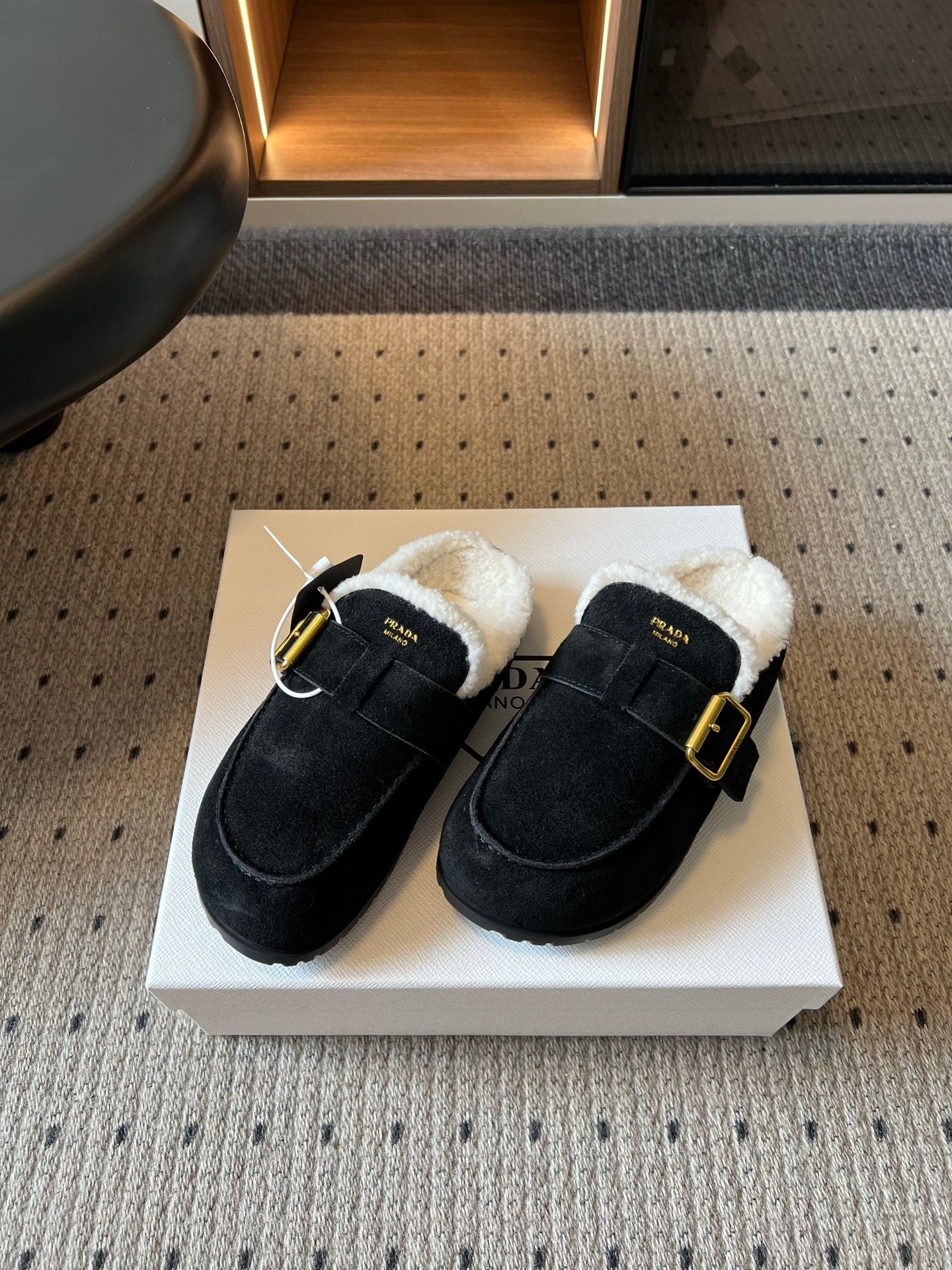 Prada 26s Clogs Black Suede Shearling 971695