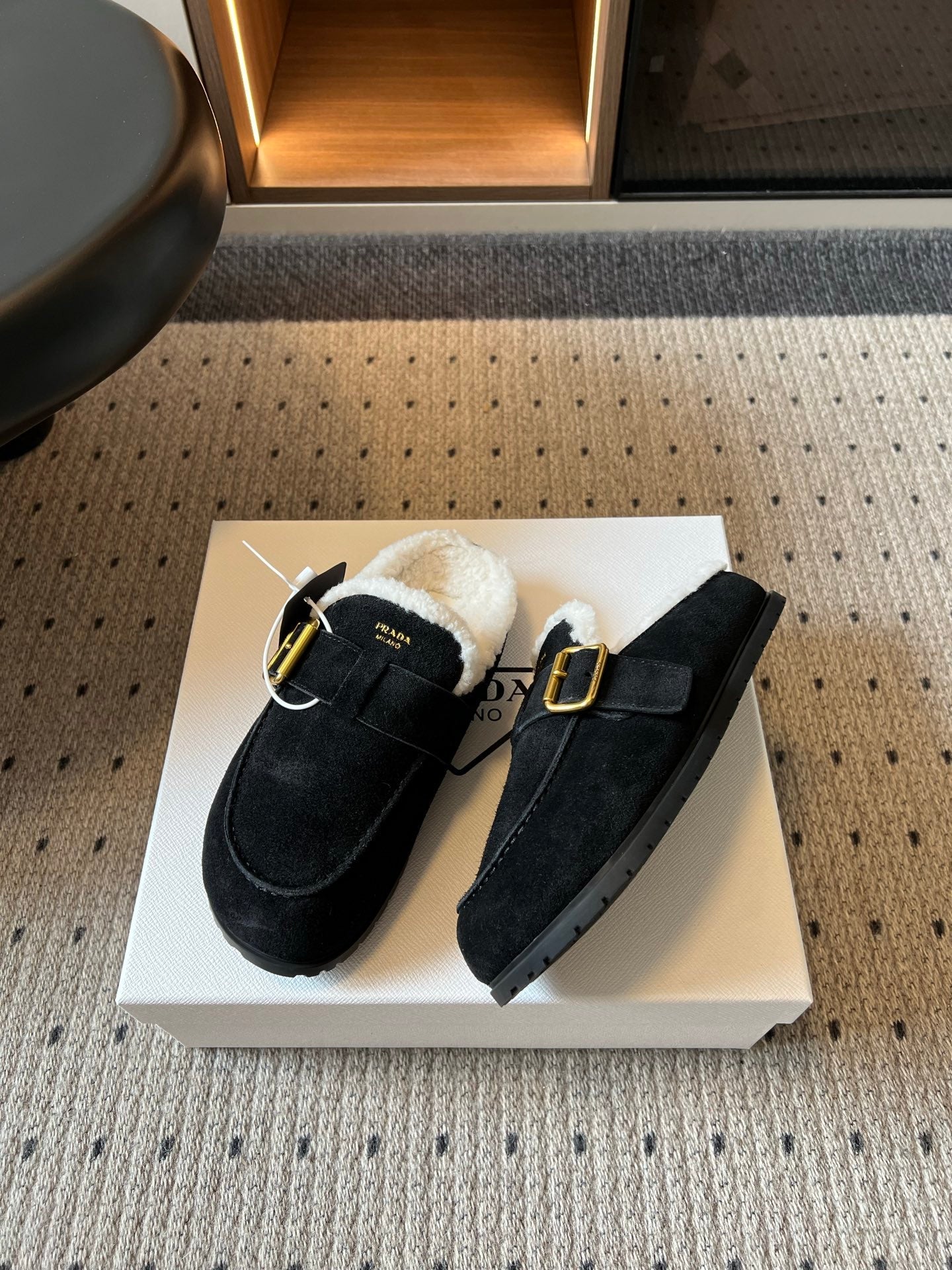 Prada 26s Clogs Black Suede Shearling 971695