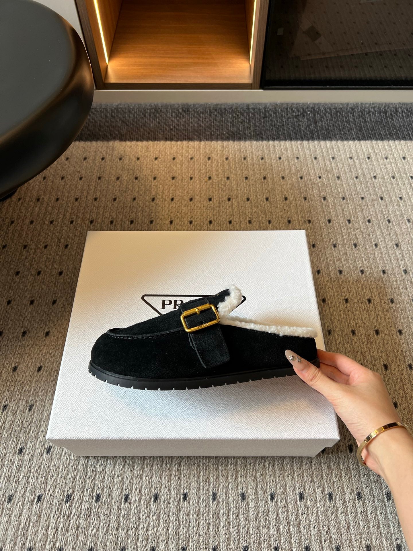 Prada 26s Clogs Black Suede Shearling 971695