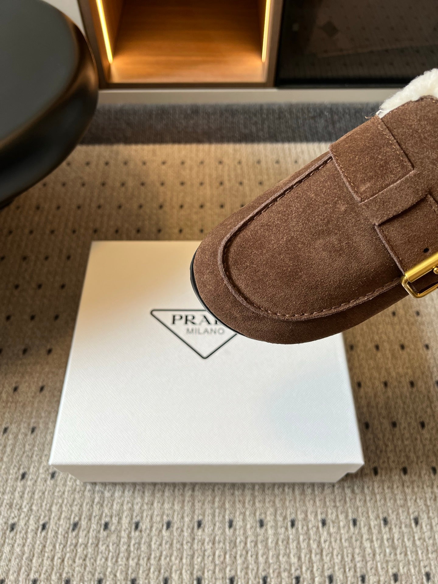 Prada 26s Clogs Coffee Suede Shearling 971696