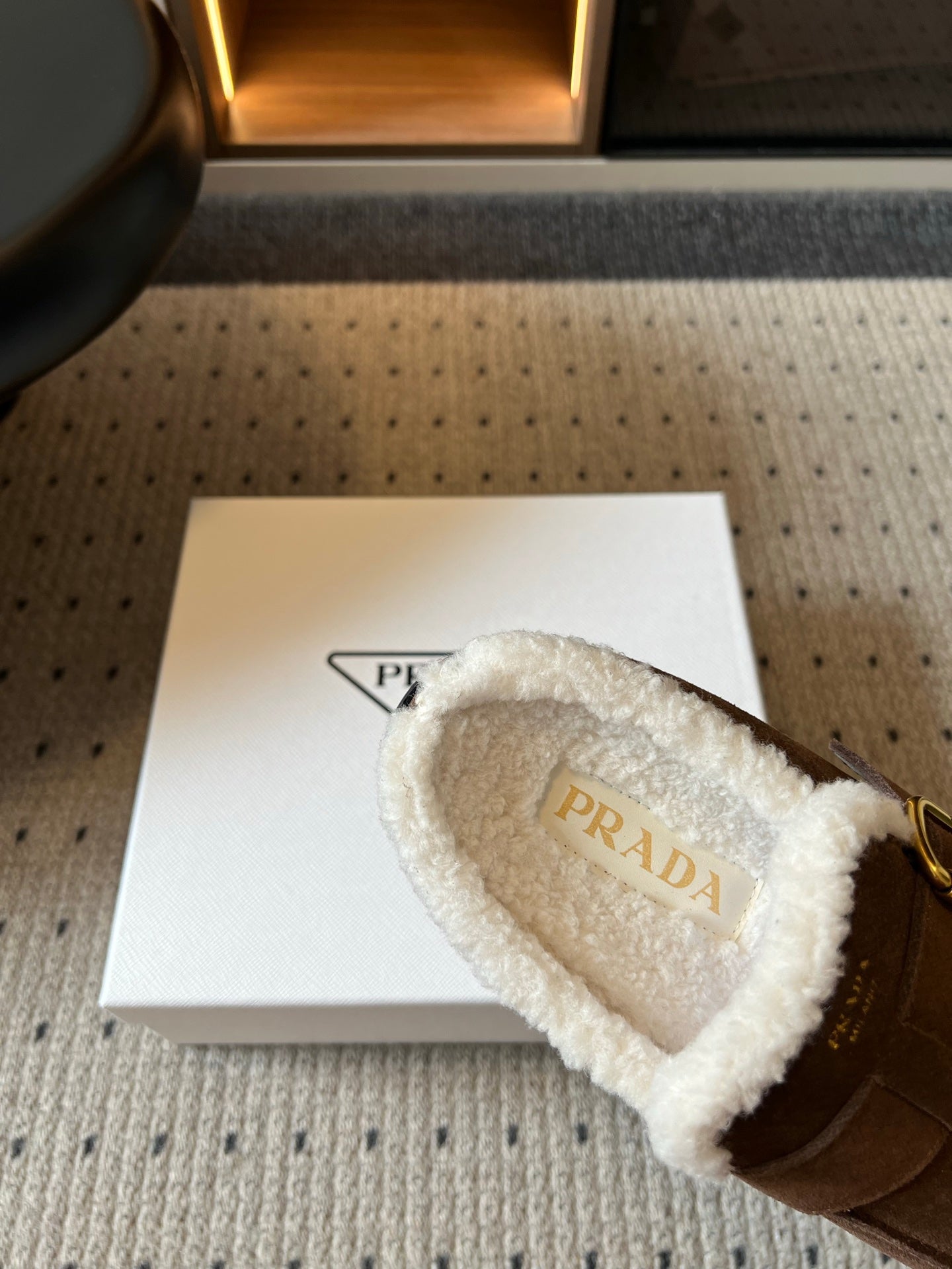 Prada 26s Clogs Coffee Suede Shearling 971696