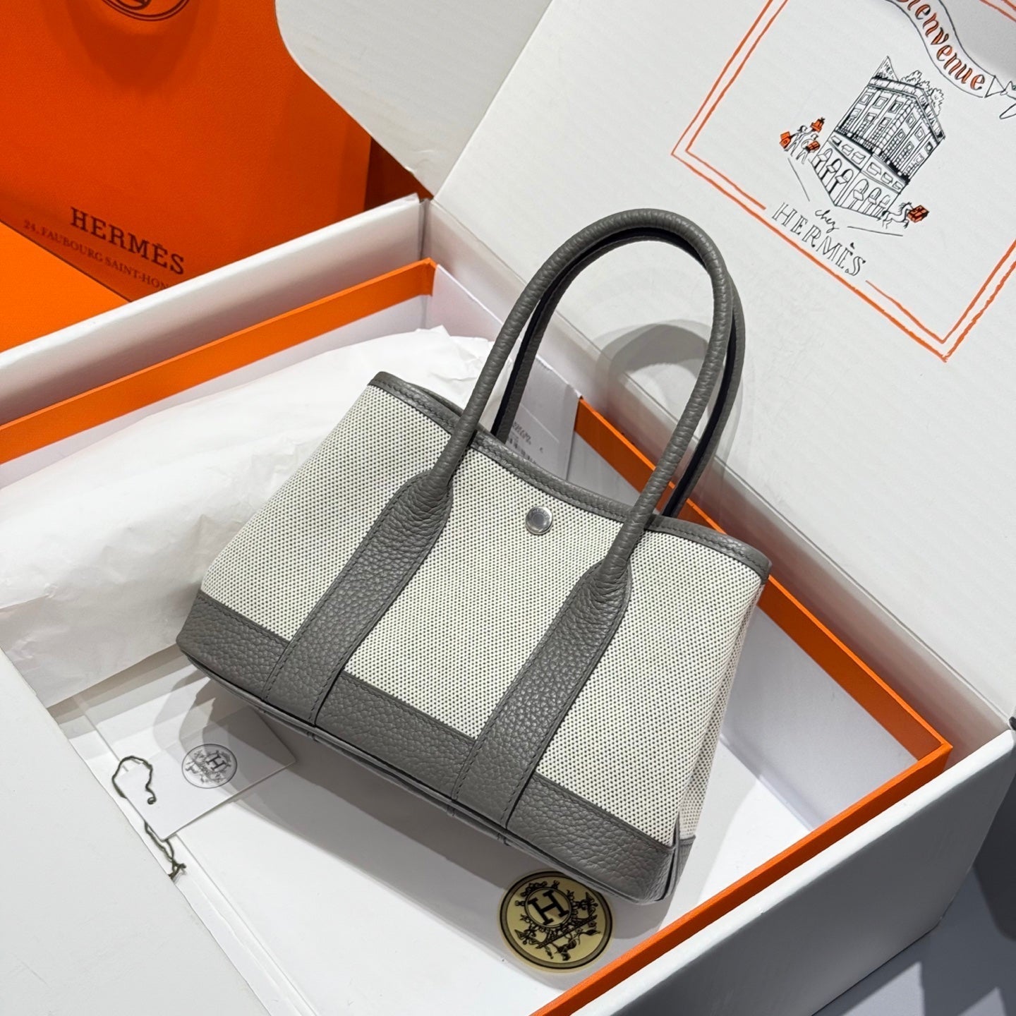 HM Garden Party Mini 23cm Bag Gris Neve Togo Cream Canvas