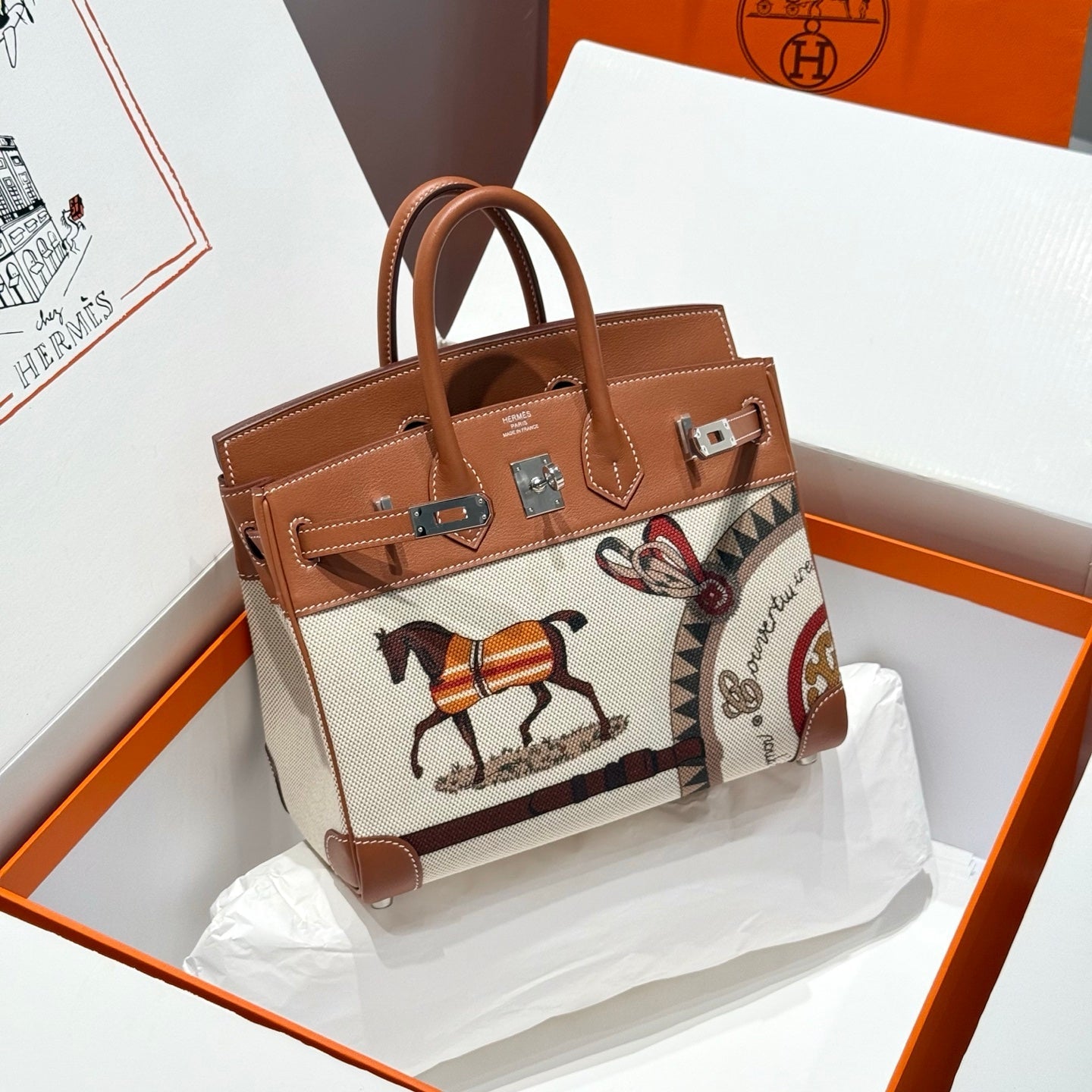 HM Birkin 25cm Golden Brown Swift Cowhide With Horse Totem Beige Canvas Fabric Shw 249990