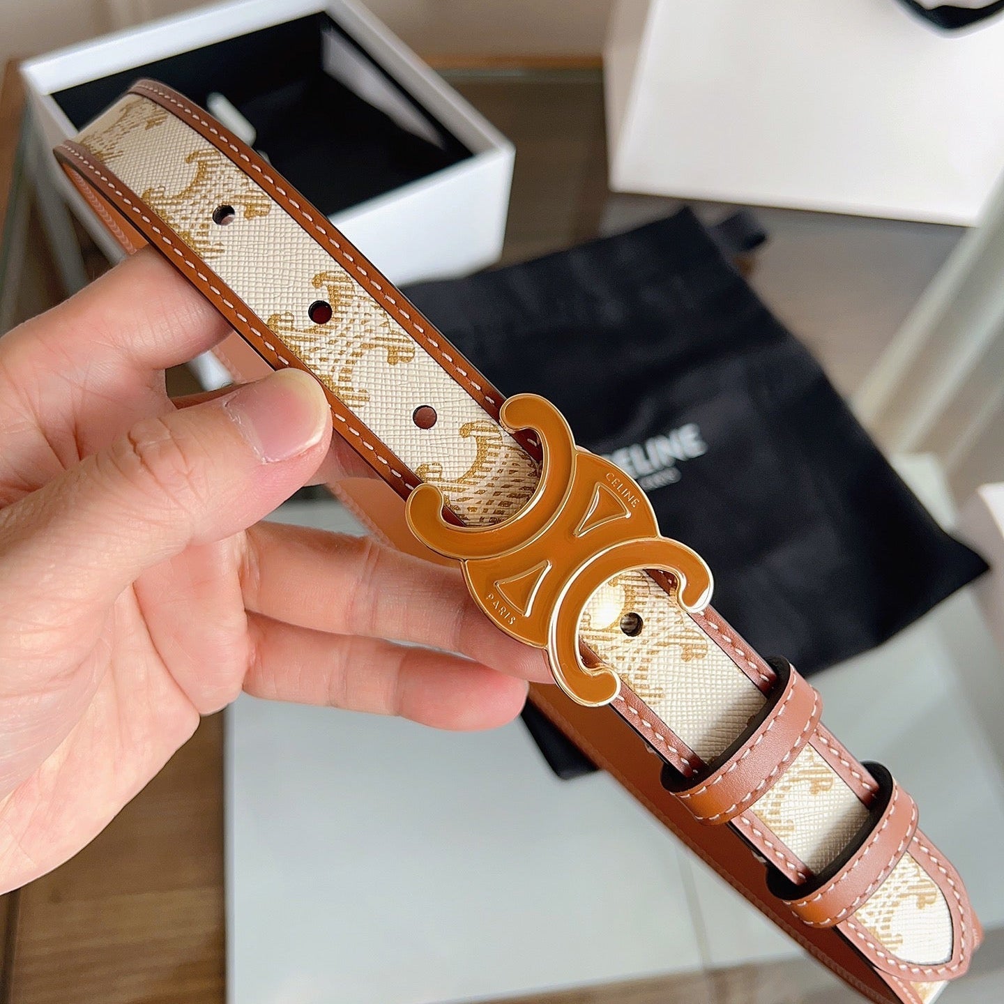 CL Brown 25mm Triomphe Enamel Saddle White Brown Monogram Cowhide 615274