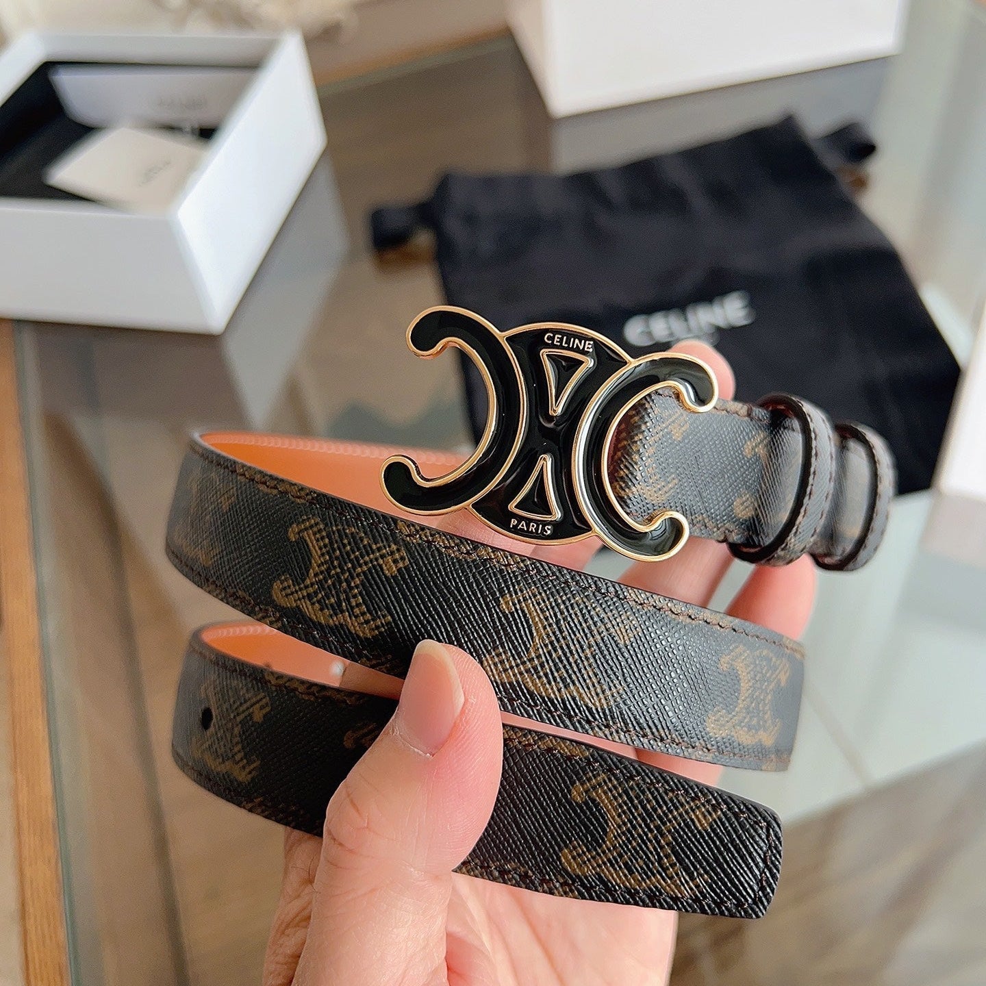 CL Black 25mm Triomphe Enamel Saddle Dark Brown Monogram Cowhide 615275