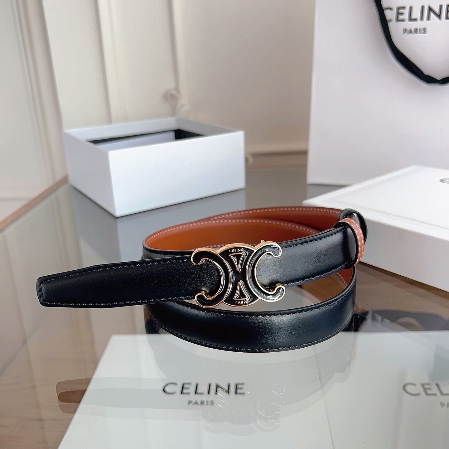 CL Black 25mm Triomphe Enamel Black Orange Cowhide 615281