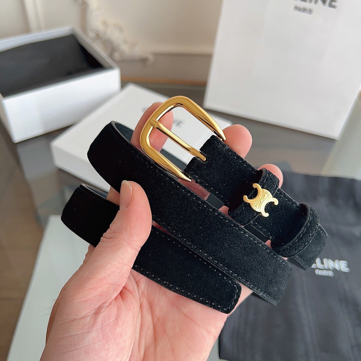 CL Gold 25mm Triomphe Metal Ring Black Suede 616255