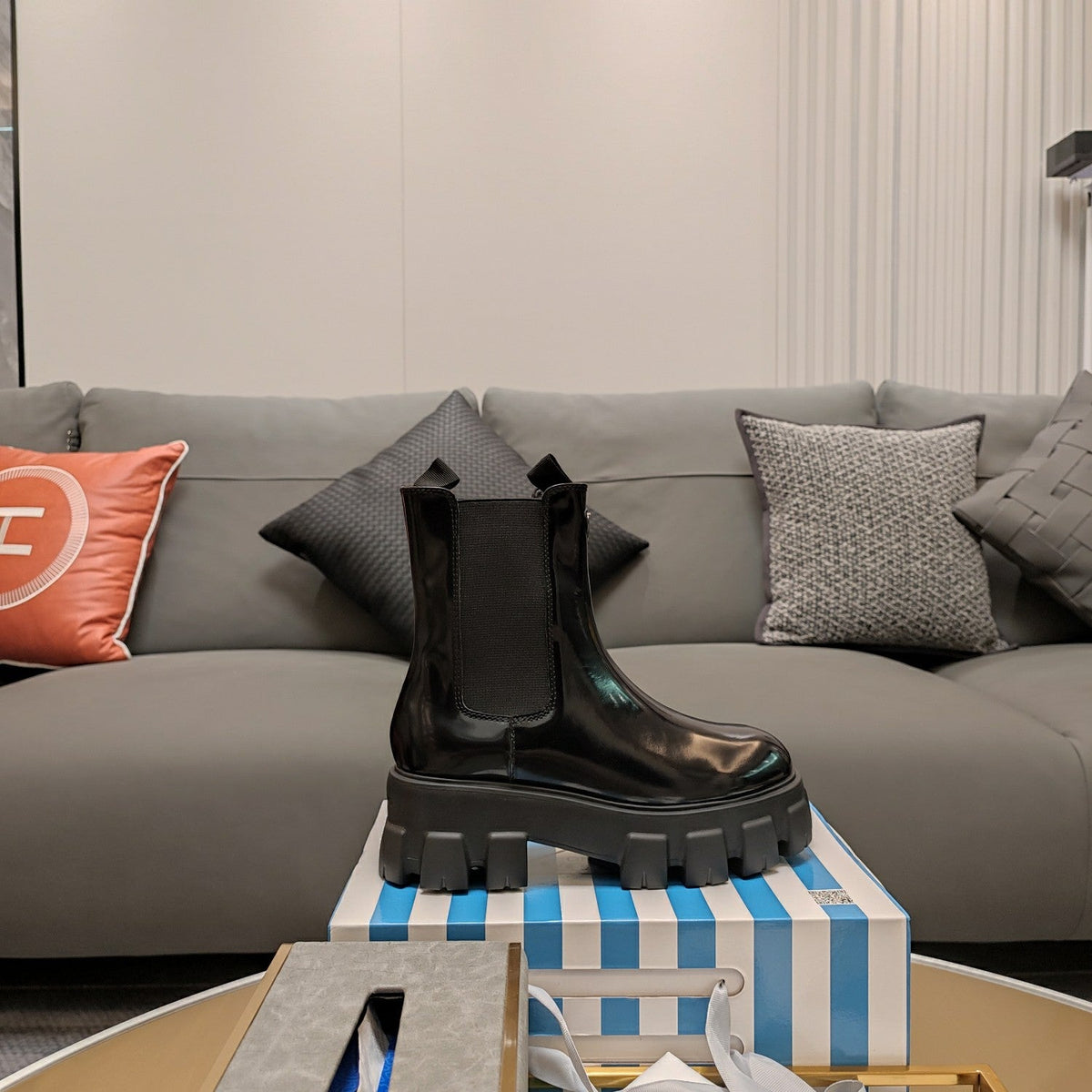 Prada 26s Chelsea Boots 6cm Black Patent Lug-Sole Triangle Logo Leather 109470