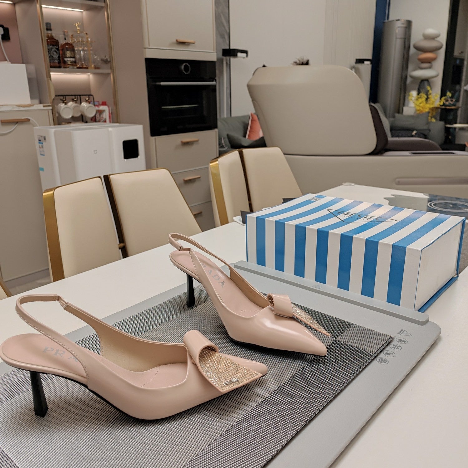 Prada 26s Pointed Toe Slingback Pumps 50mm In Nude Pink Smooth Calfskin With Crystal