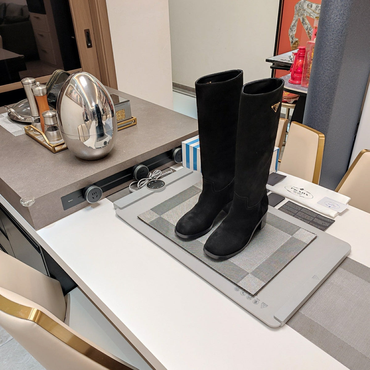 Prada 26s Triangle Logo Knee-High Boots 5.5cm Black Suede Leather 109478