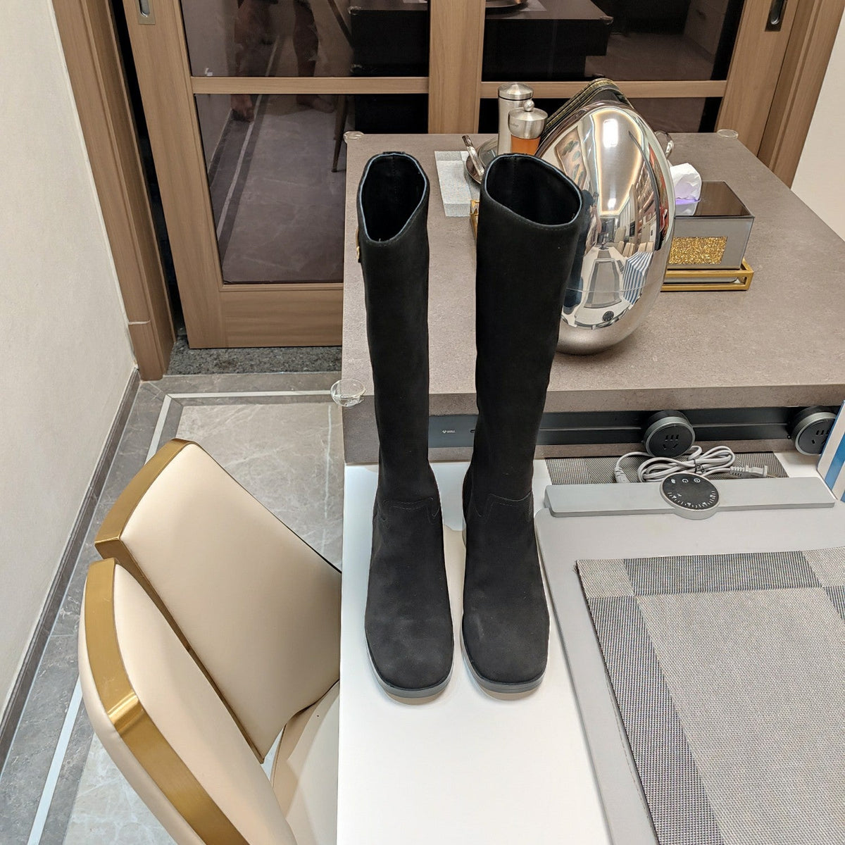 Prada 26s Triangle Logo Knee-High Boots 5.5cm Black Suede Leather 109478