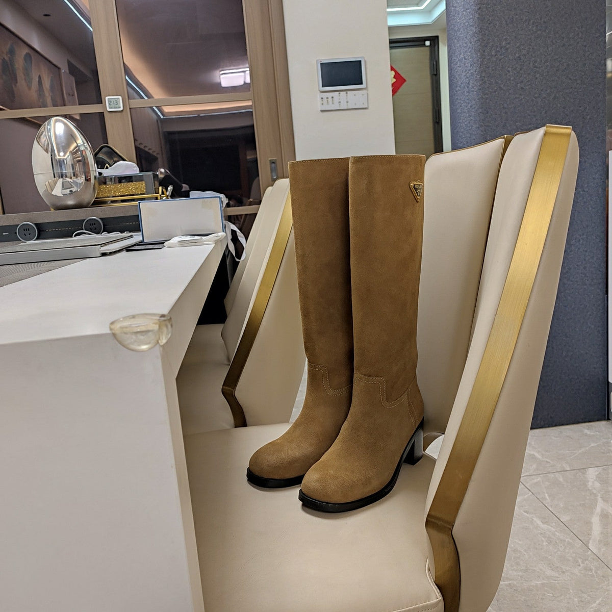 Prada 26s Triangle Logo Knee-High Boots 5.5cm Cognac Suede Leather 109479