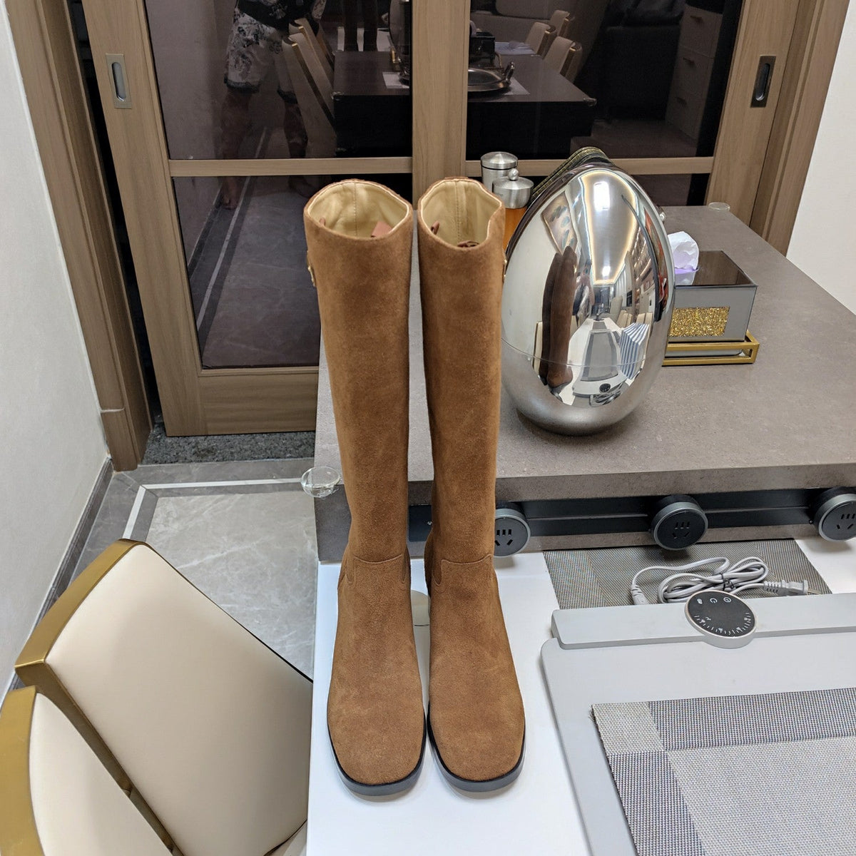 Prada 26s Triangle Logo Knee-High Boots 5.5cm Tan Brown Suede Leather 109480