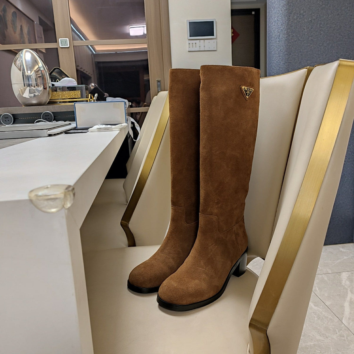 Prada 26s Triangle Logo Knee-High Boots 5.5cm Tan Brown Suede Leather 109480