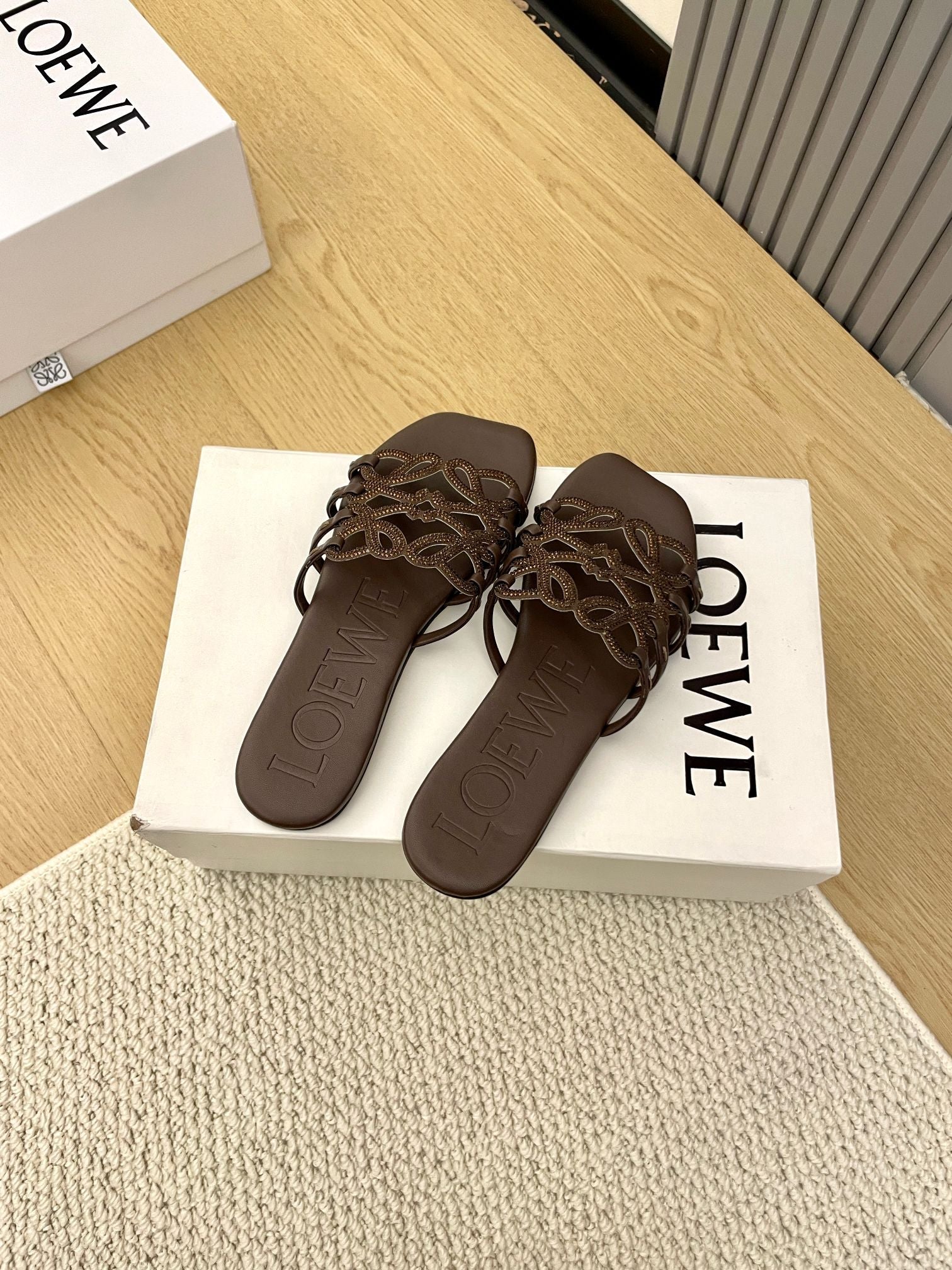 Loewe Petal Anagram Rhinestone Slides Coffee Leather 723130