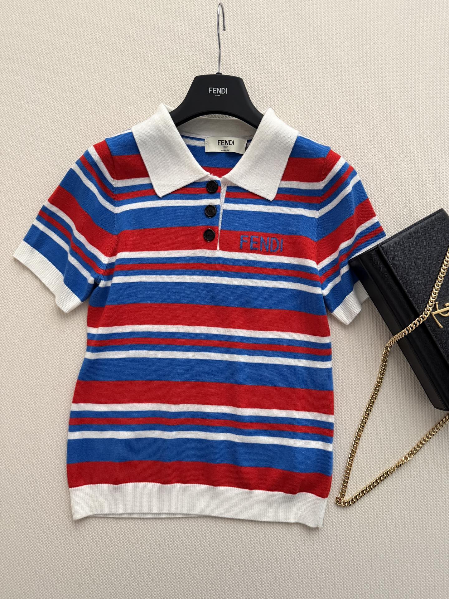 Fendi 26s Striped Polo Shirt Blue Red Knit 363767