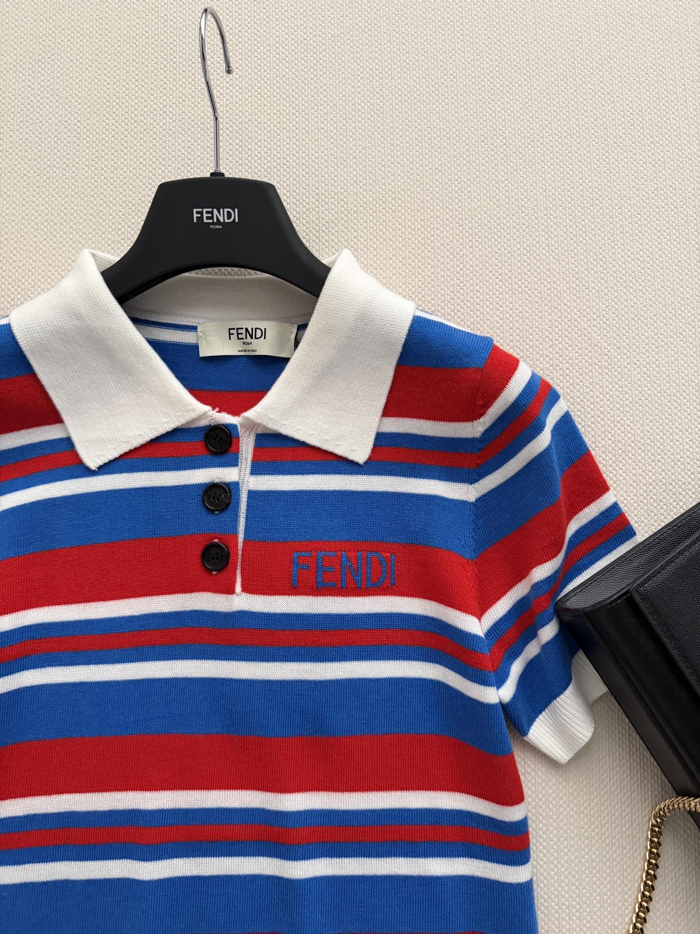 Fendi 26s Striped Polo Shirt Blue Red Knit 363767