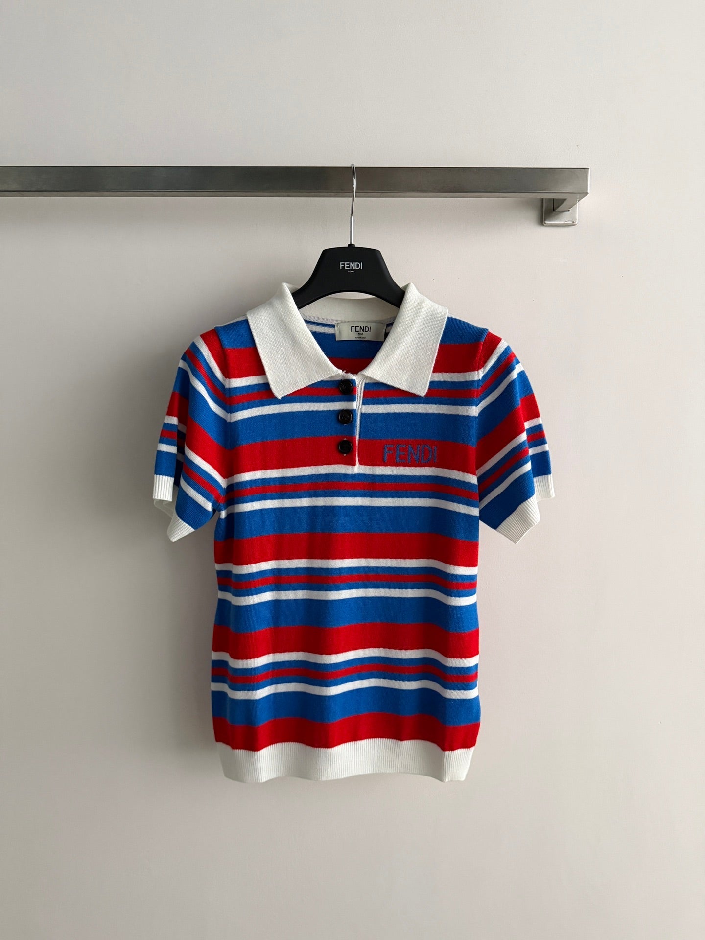 Fendi 26s Striped Polo Shirt Blue Red Knit 363767