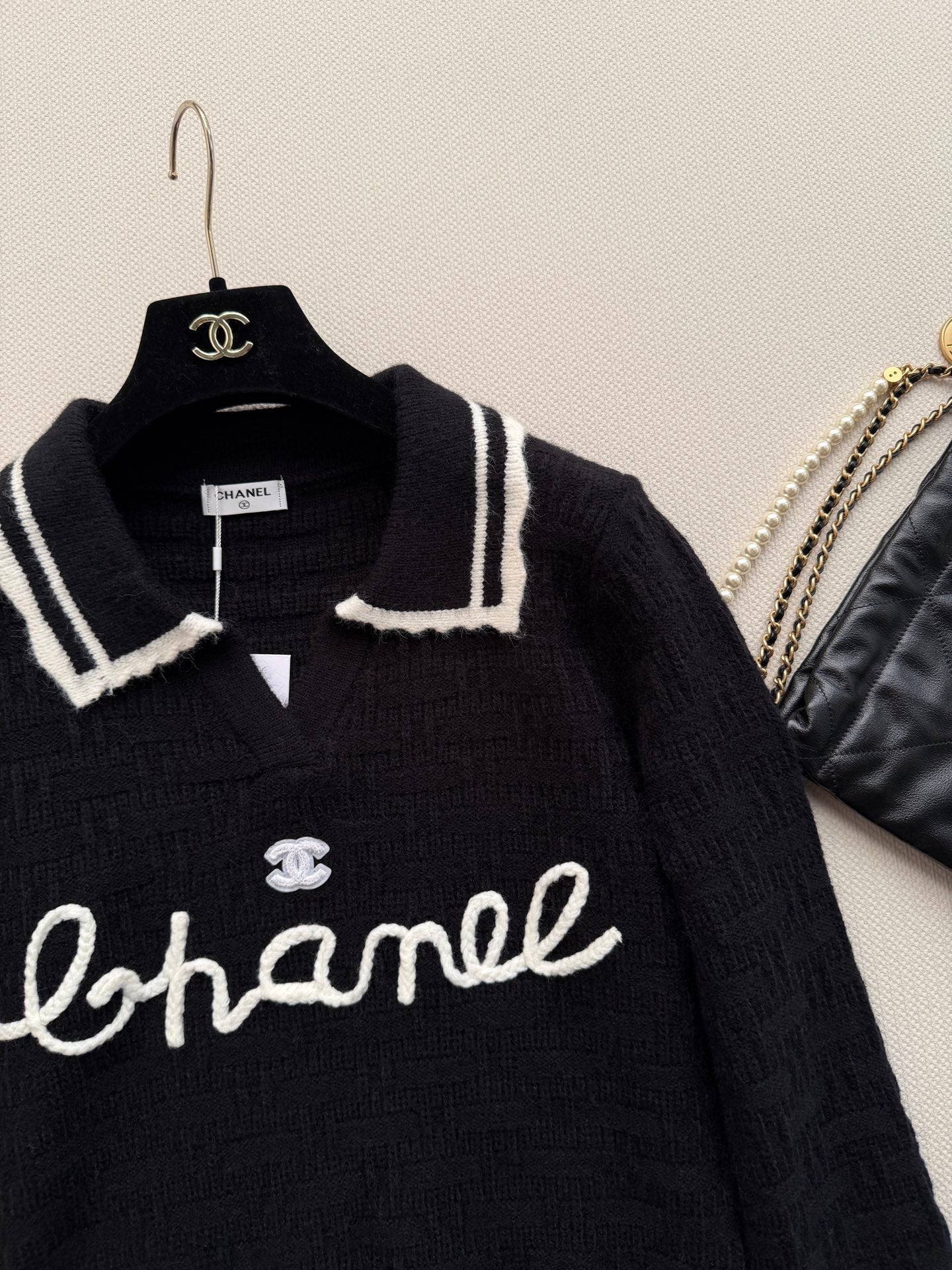 CC 26s Polo Knit Top Black Wool 417720