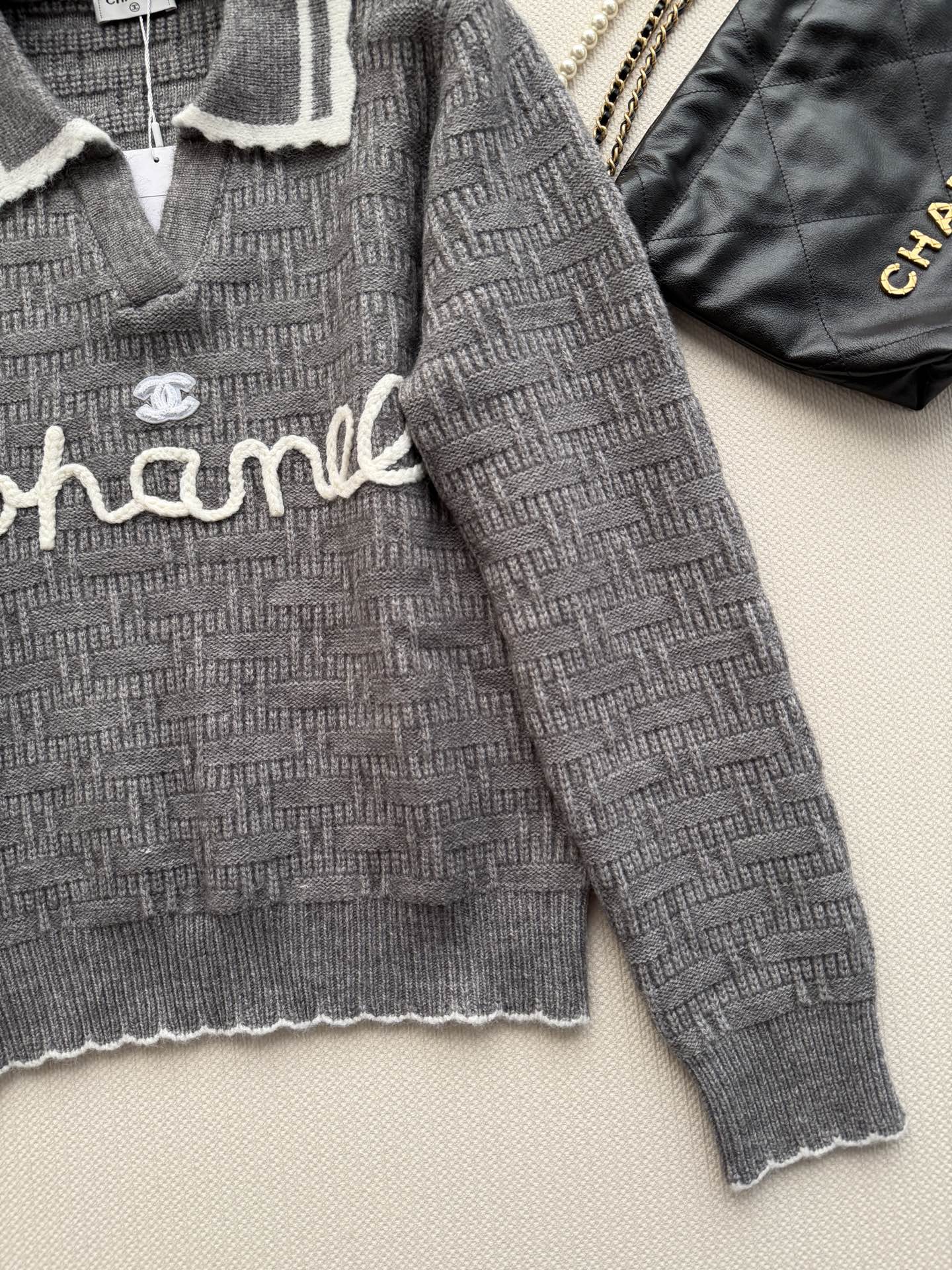 CC 26s Polo Knit Top Grey Wool 417721